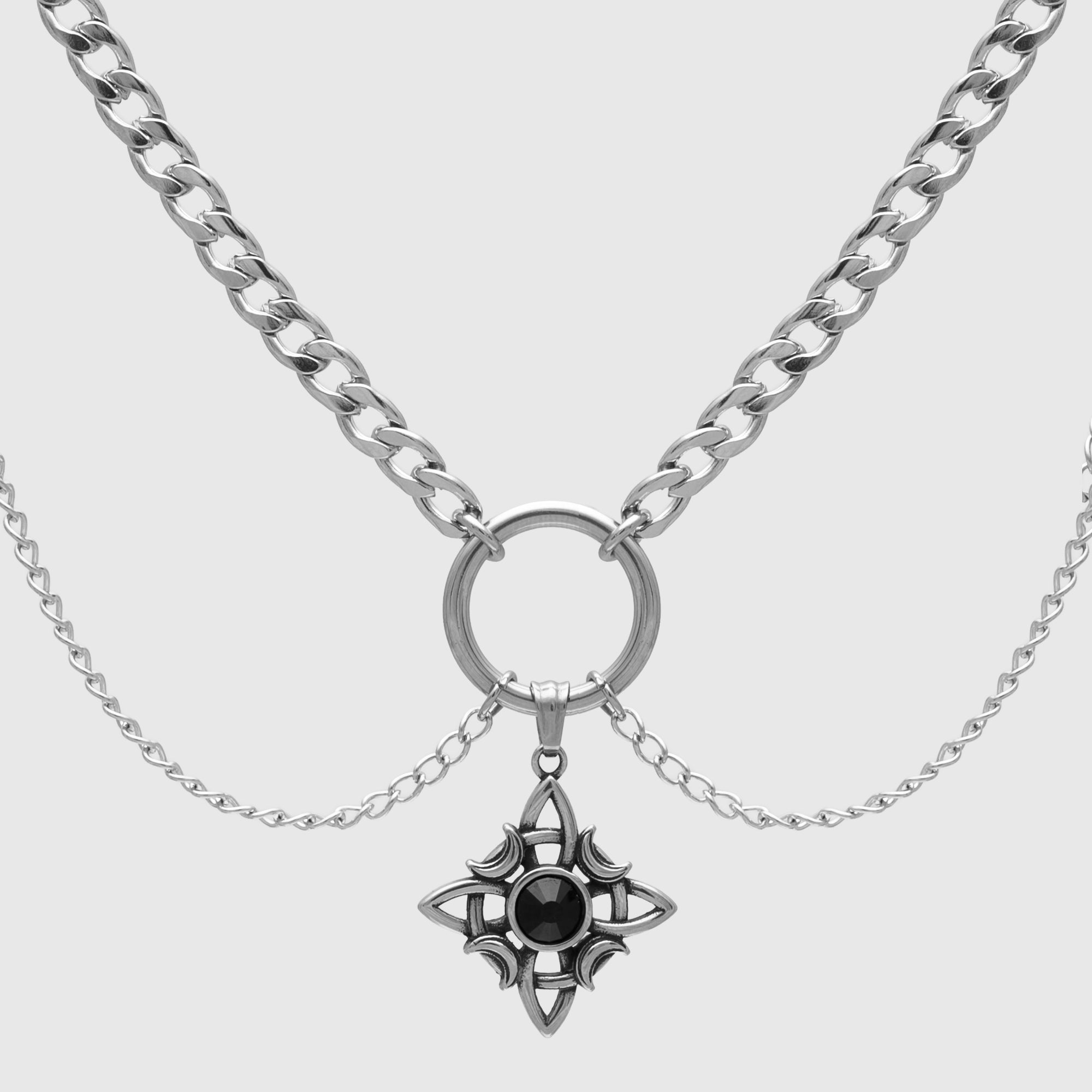 Witches knot pendant sometimes known as a Pagan and Wicca symbol on a cuban link o ring choker necklace in silver