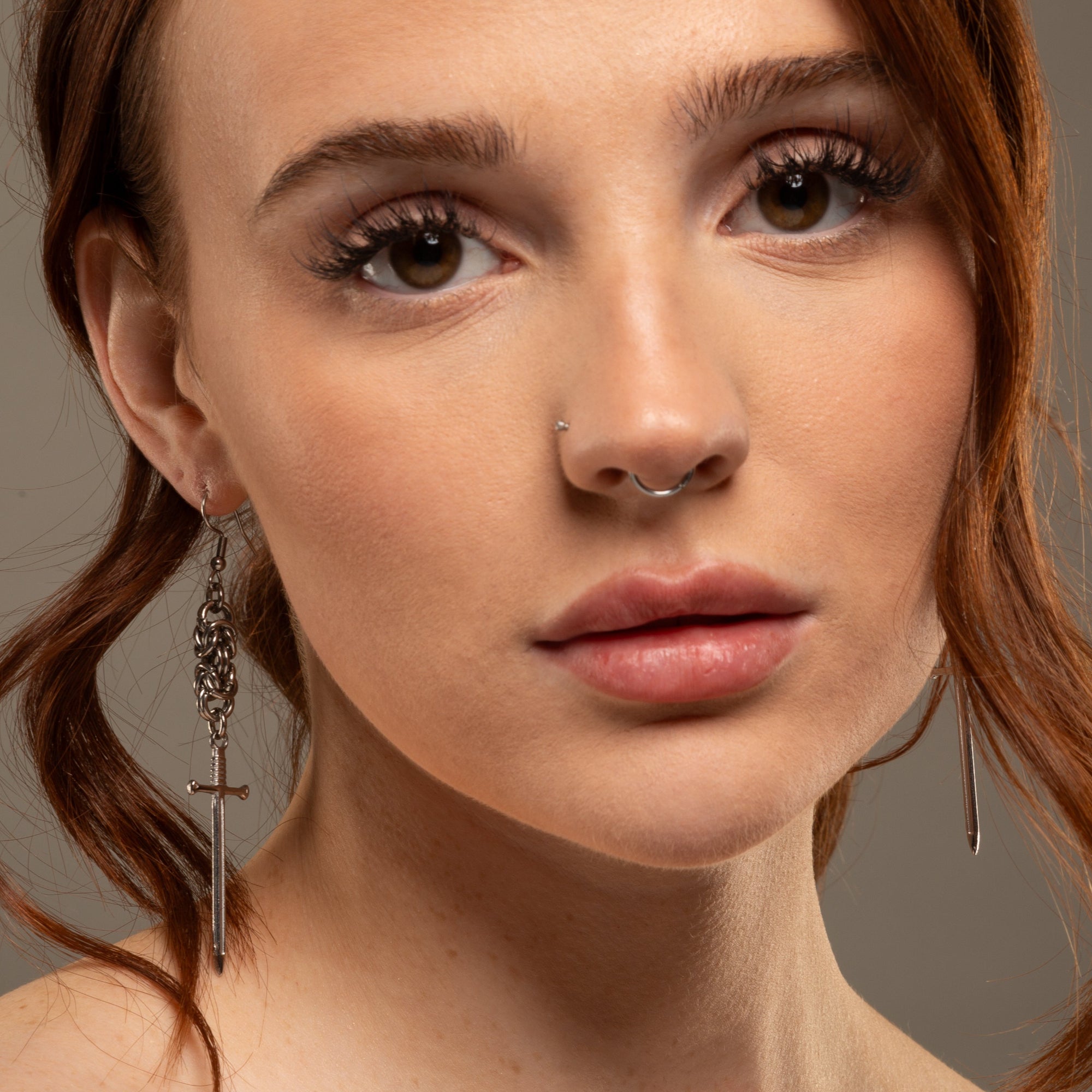 chainmail sword drop earrings in silver stainless steel