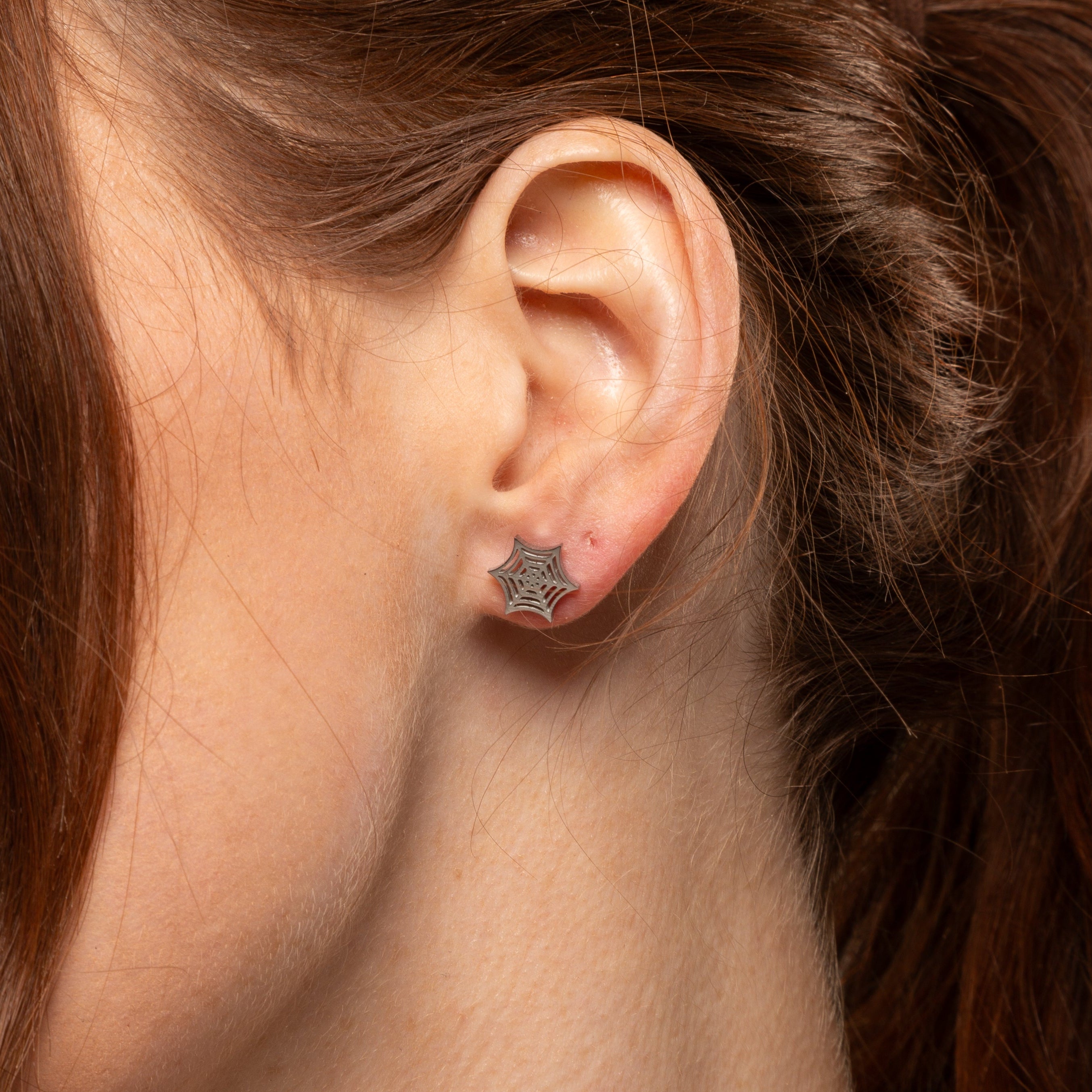 spider cobweb stud earrings in silver
