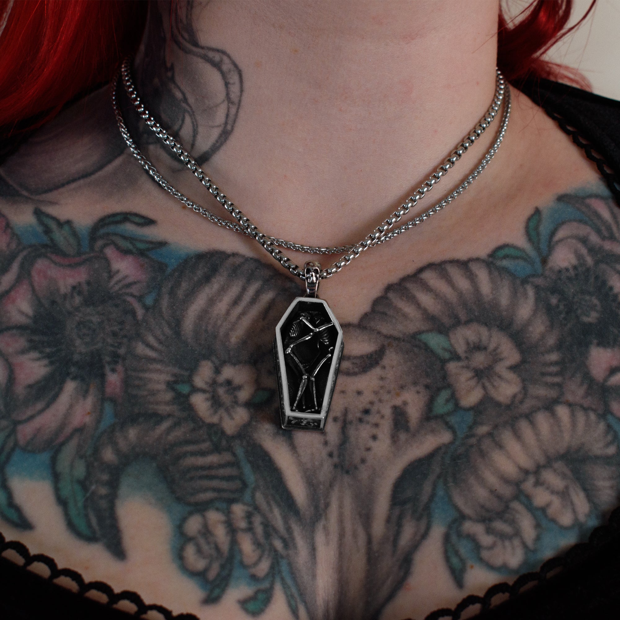 Silver gothic coffin pendant in stainless steel on a chunky box chain necklace