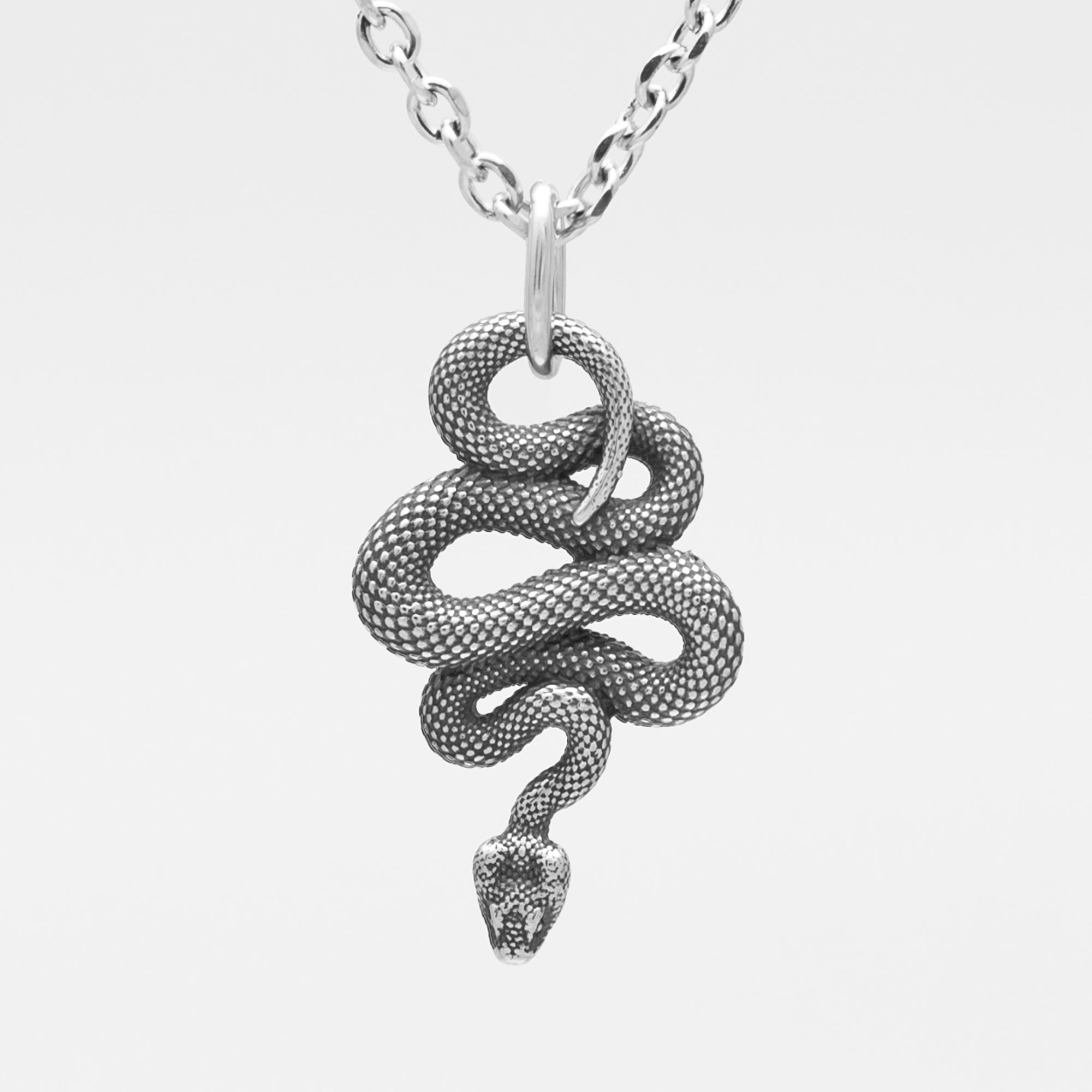Silver Gothic coiled snake pendant on cable chain