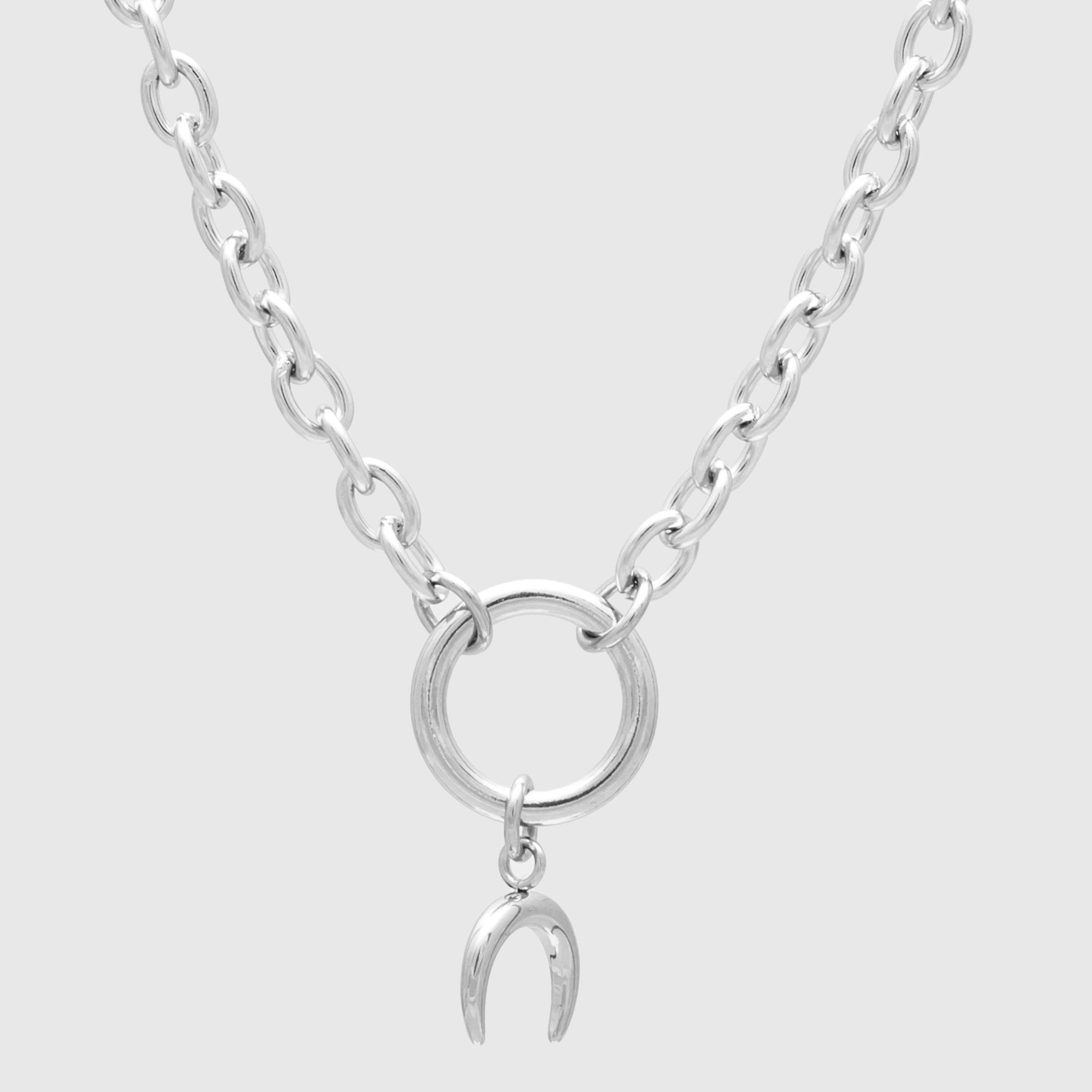 O ring crescent moon necklace in silver