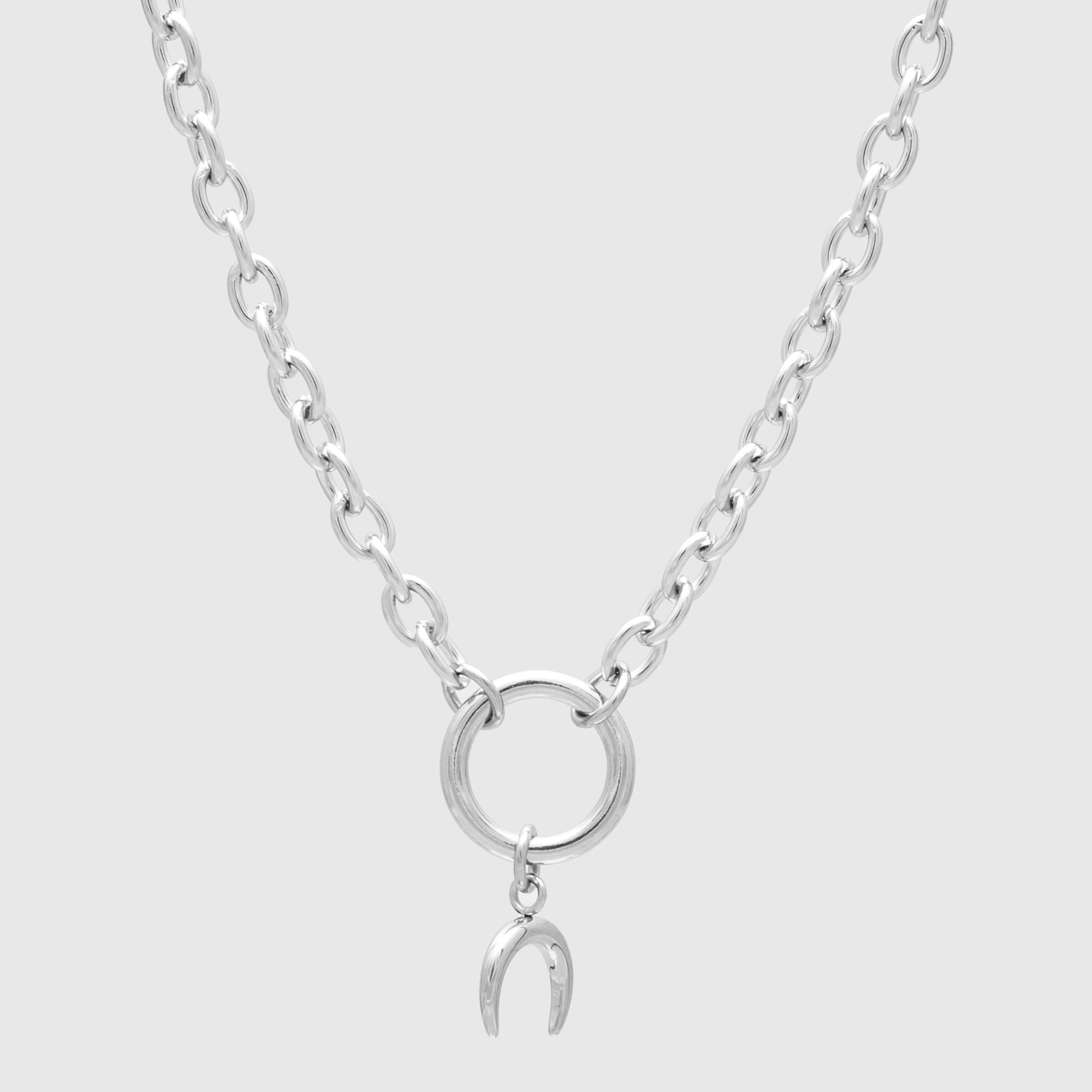 crescent moon celestial o ring necklace in silver
