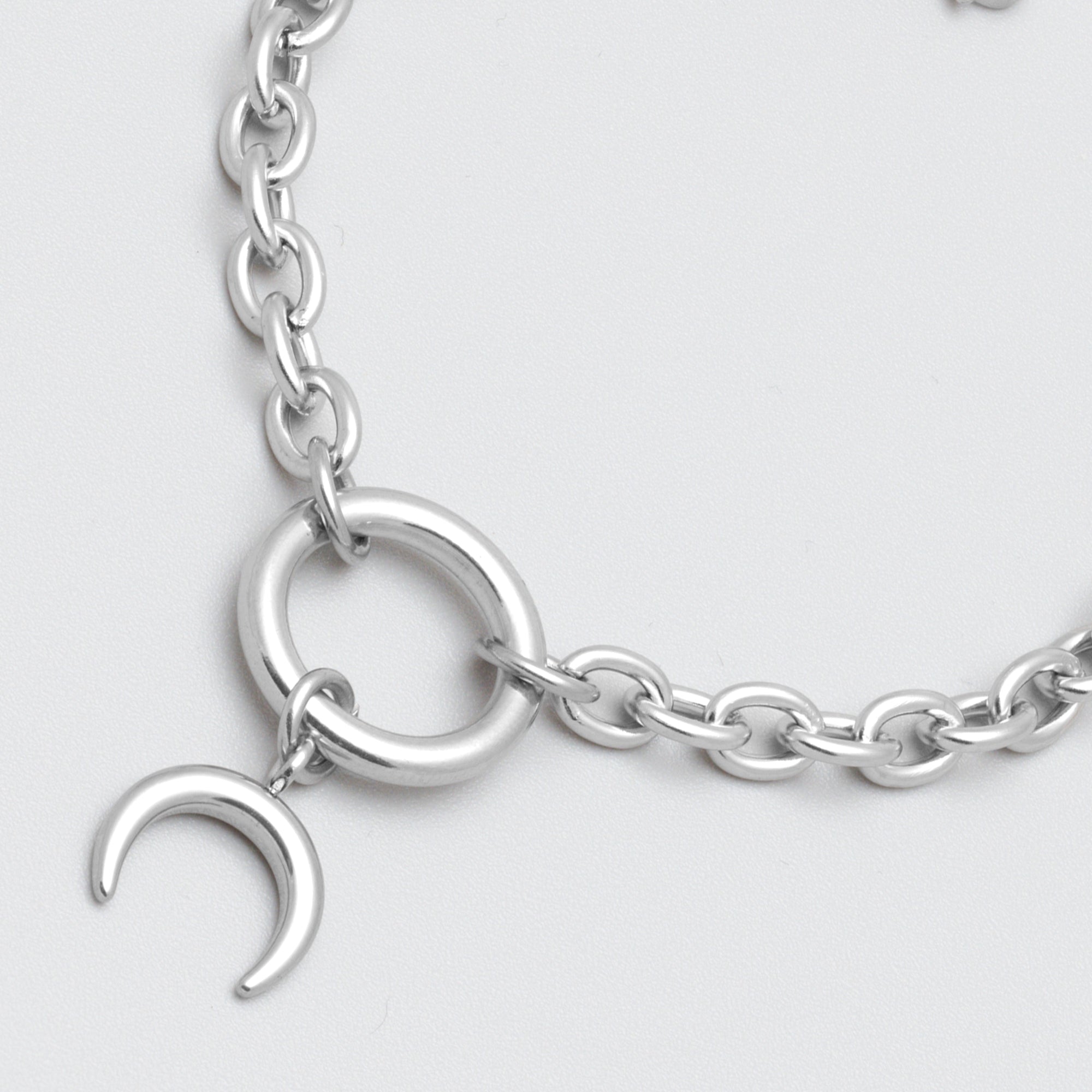 crescent moon celestial o ring bracelet in silver