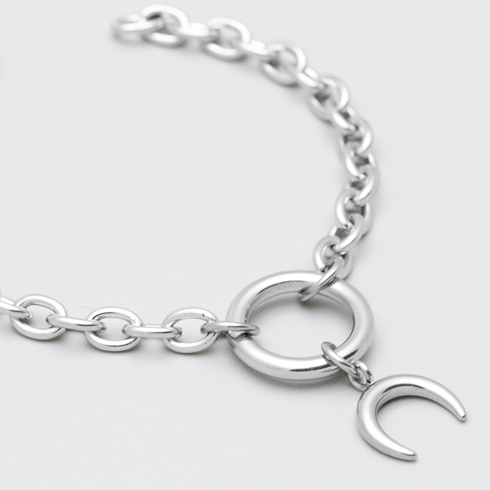 crescent moon celestial o ring bracelet in silver