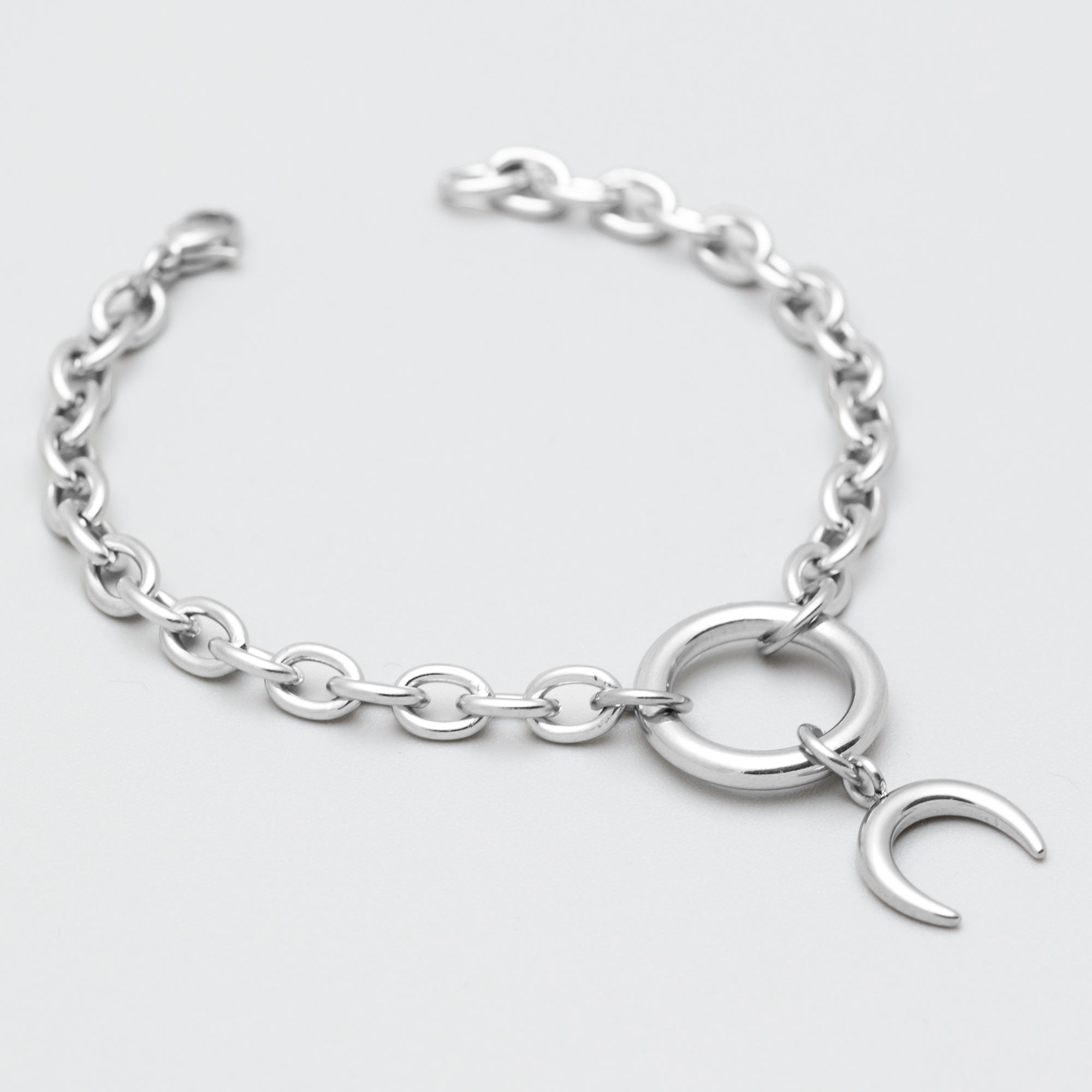 crescent moon celestial o ring bracelet in silver