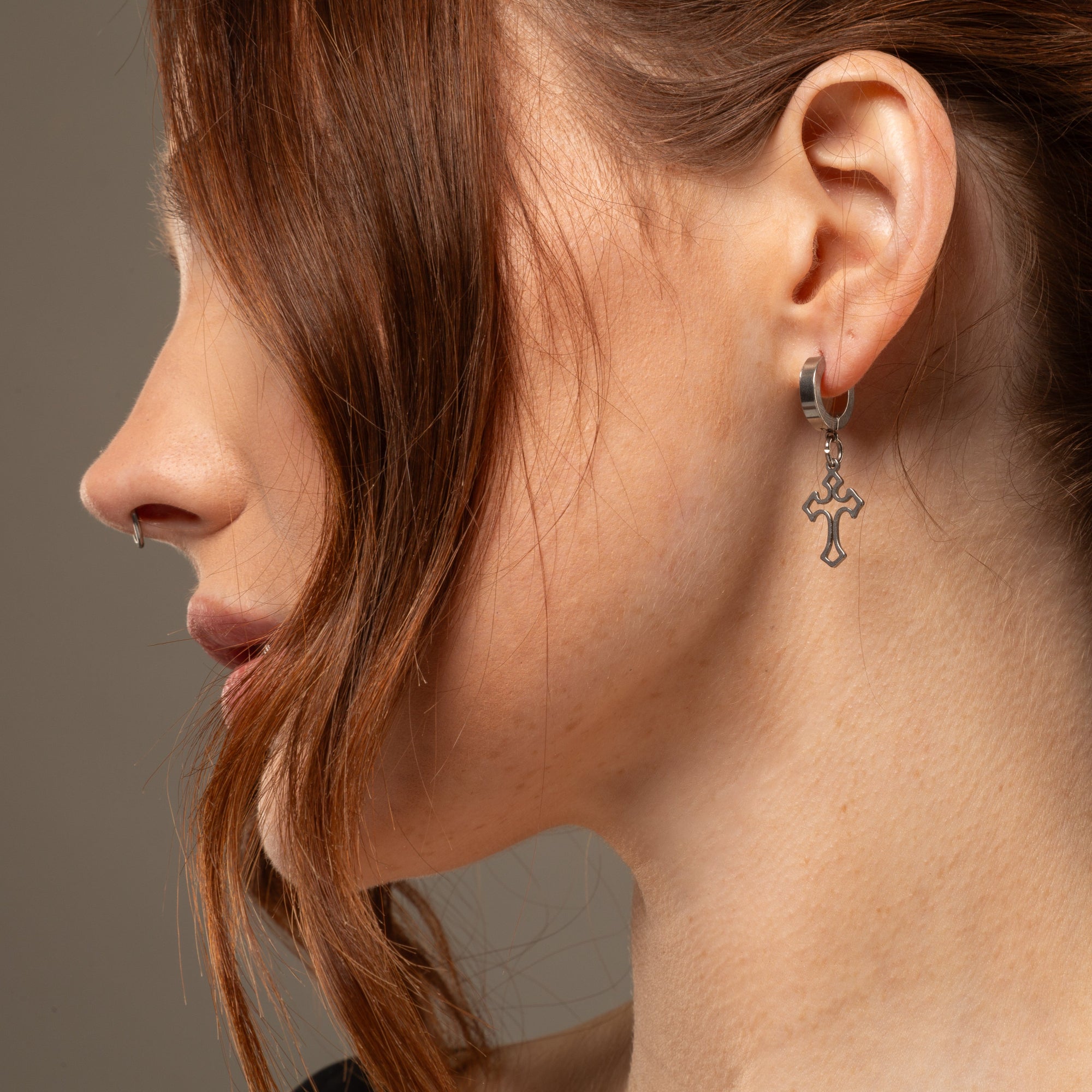 silver gothic cross huggie earrings
