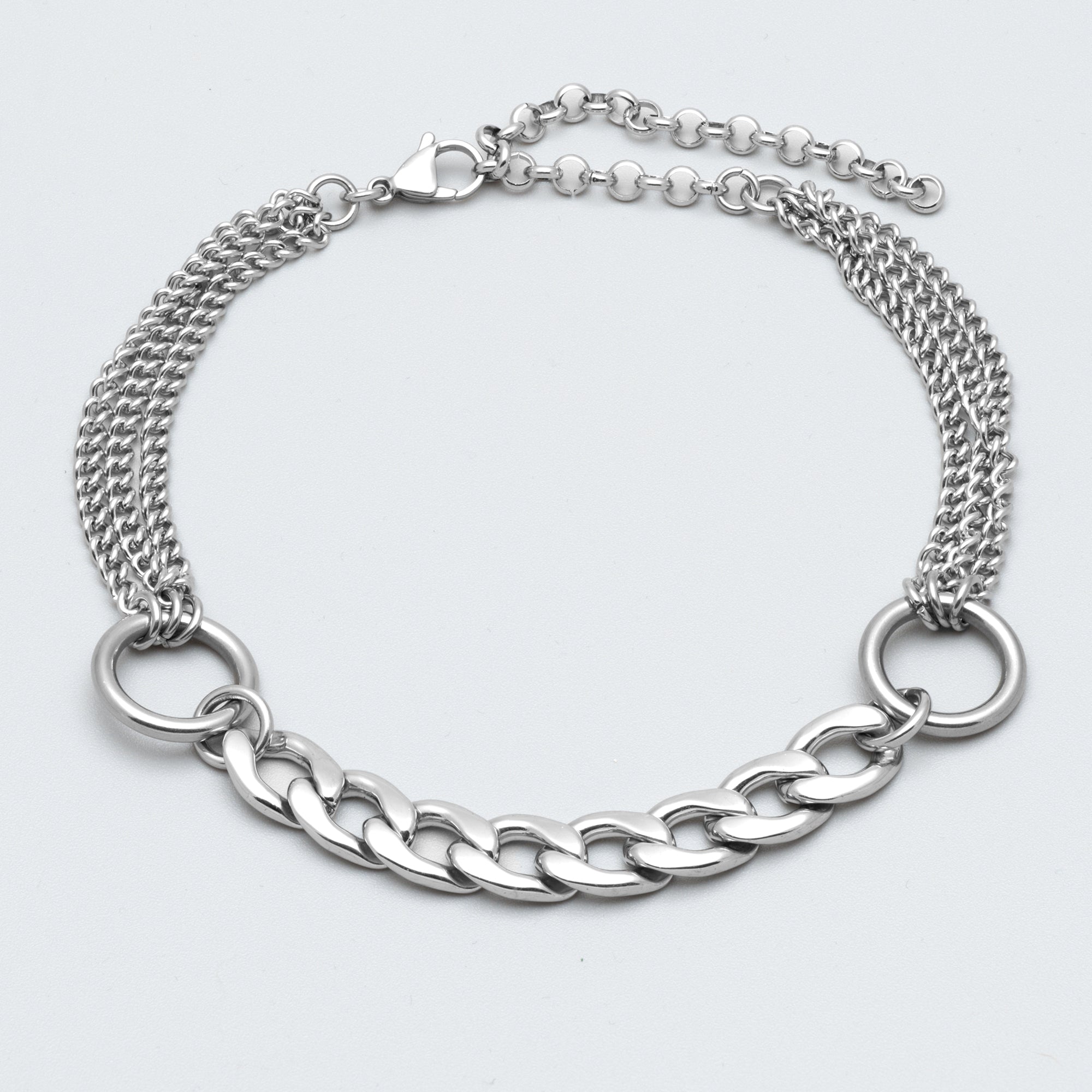 Double O Ring layered cuban link choker necklace in silver