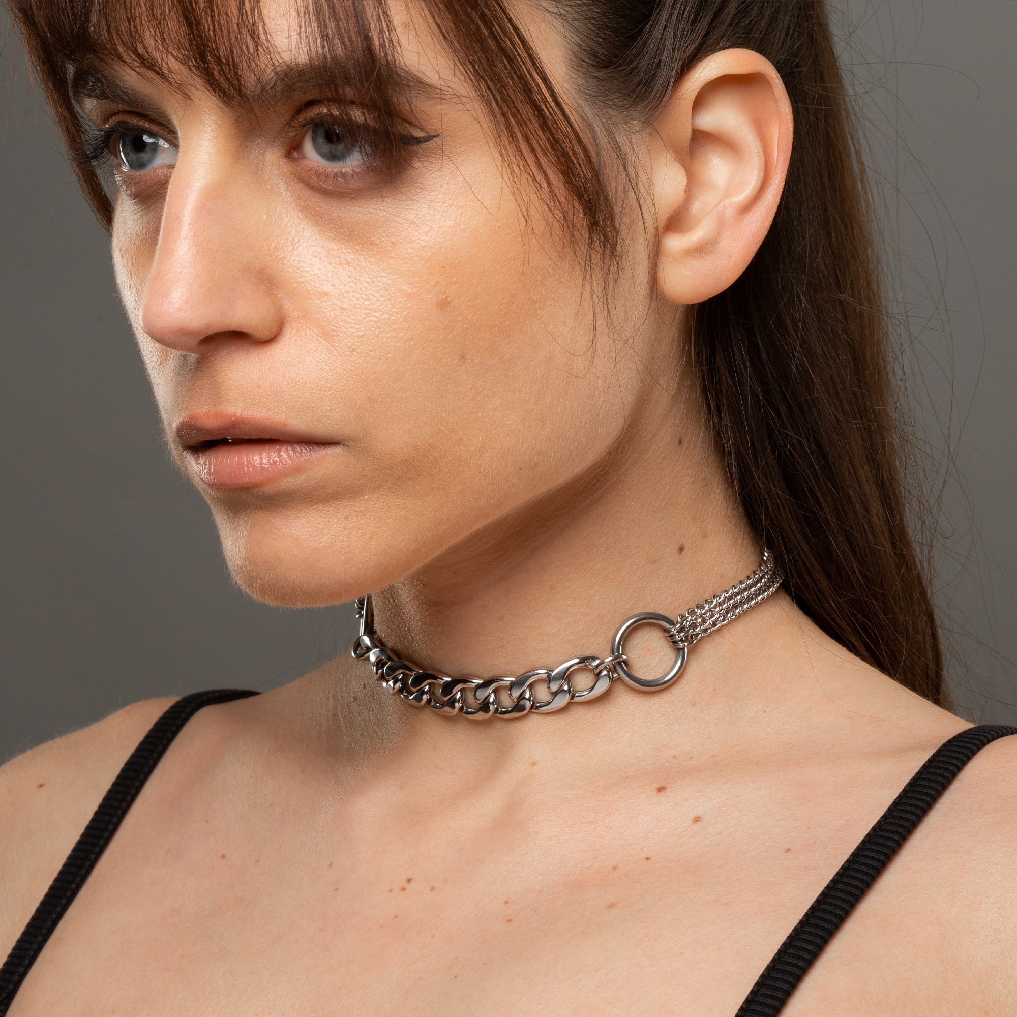Double O Ring layered cuban link choker necklace in silver