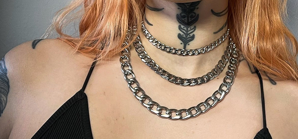 selection of chunky and thick silver stainless steel cuban link necklaces