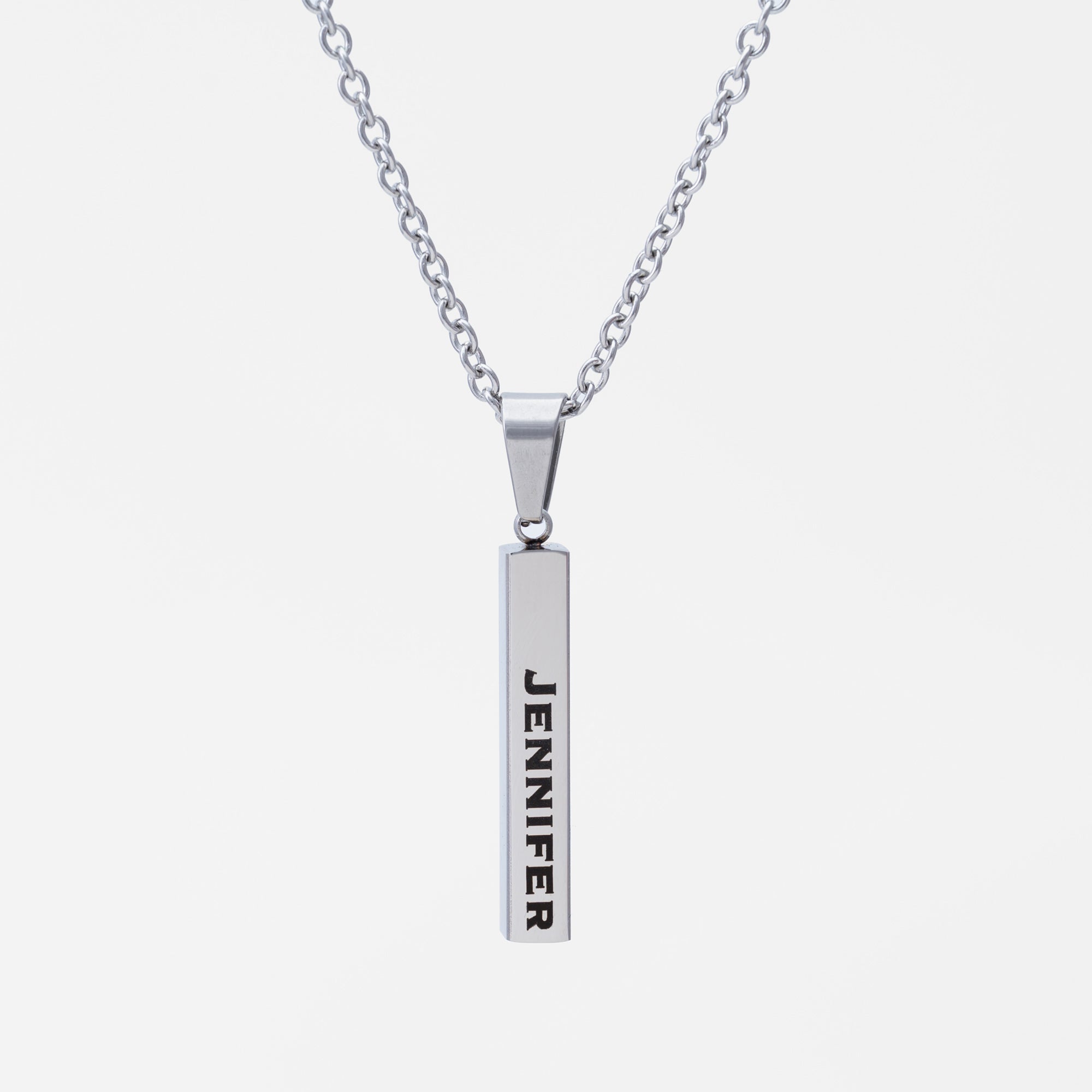 Personalised engraved bar pendant necklace in silver stainless steel, non tarnish jewellery
