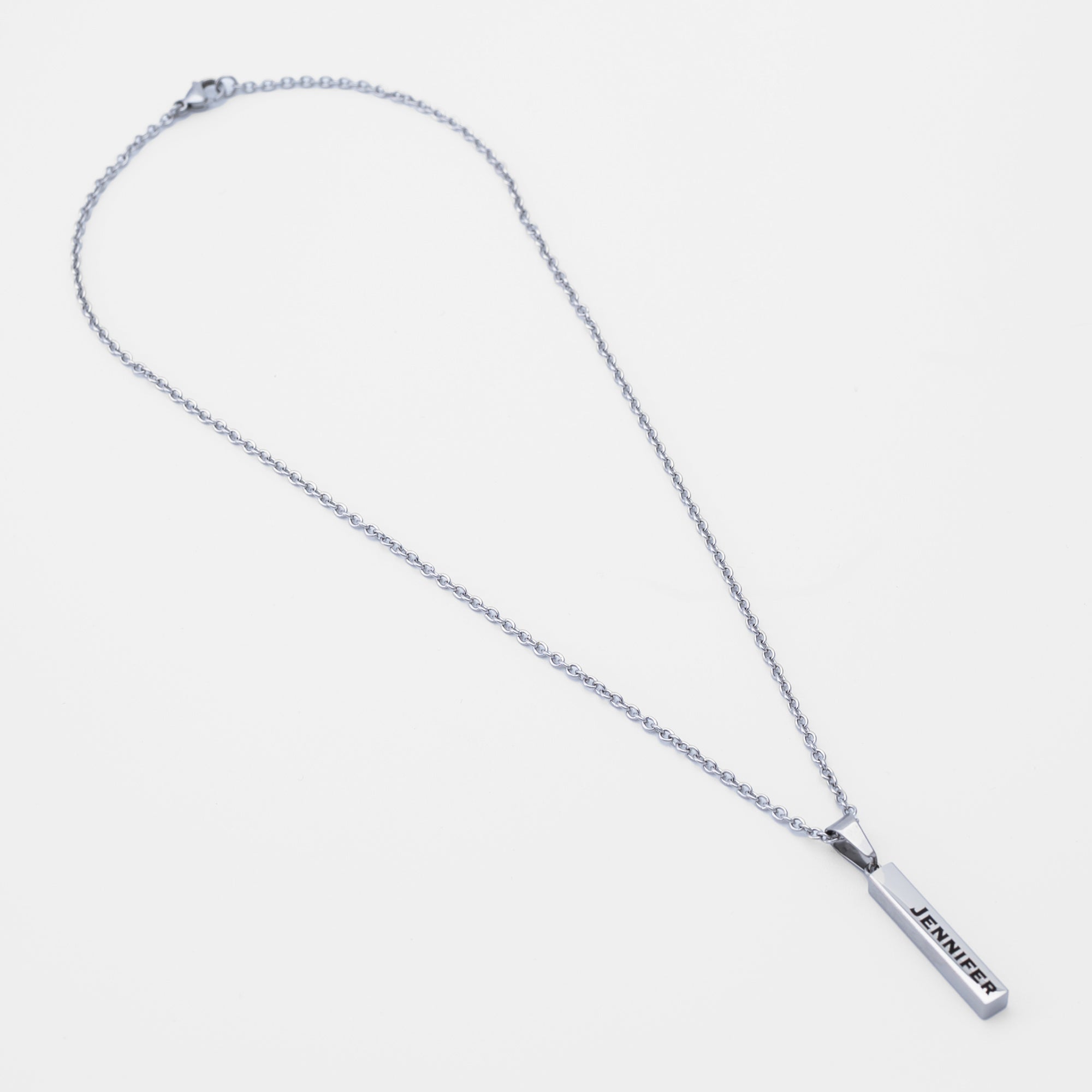 Personalised engraved bar pendant necklace in silver stainless steel, non tarnish jewellery