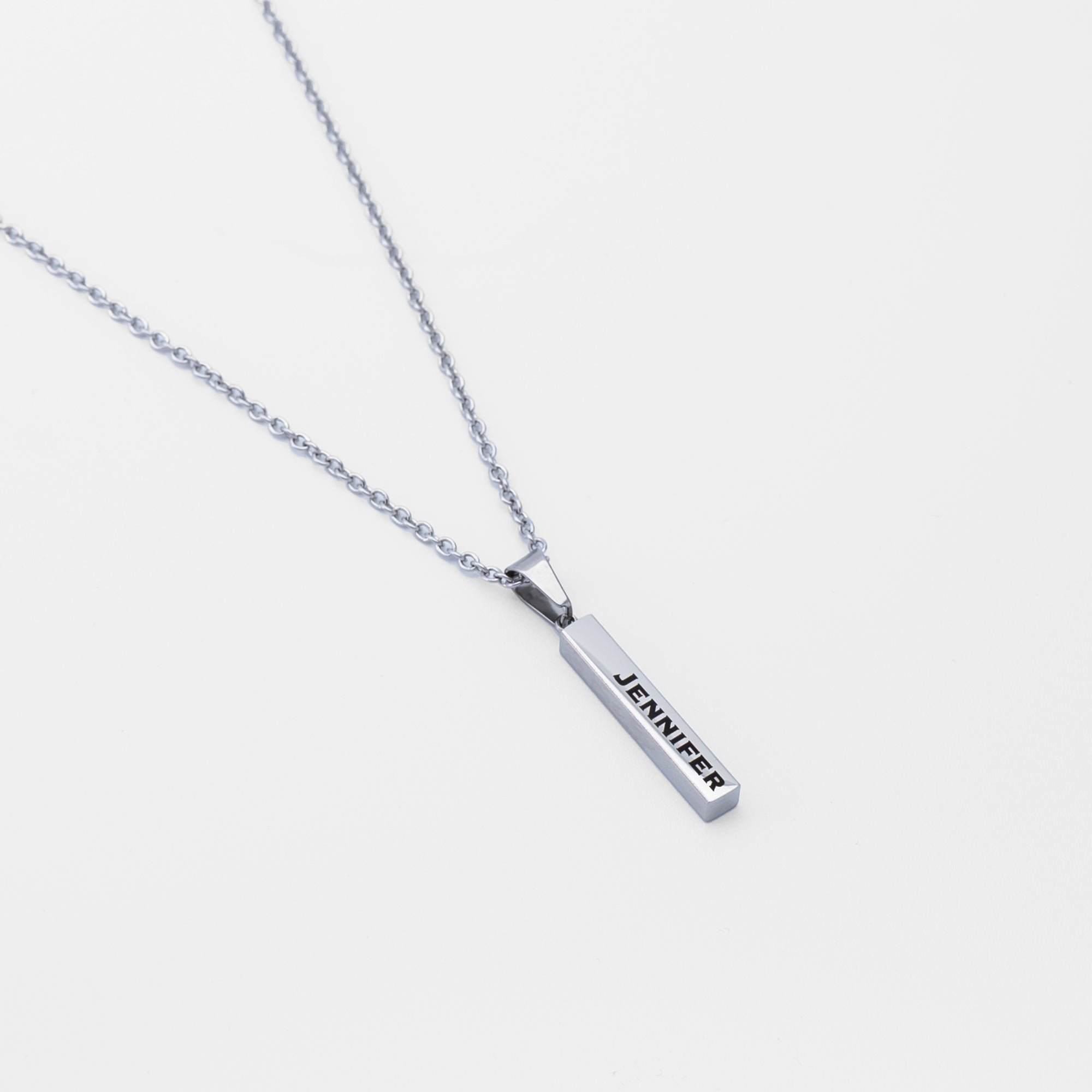 Personalised engraved bar pendant necklace in silver stainless steel, non tarnish jewellery