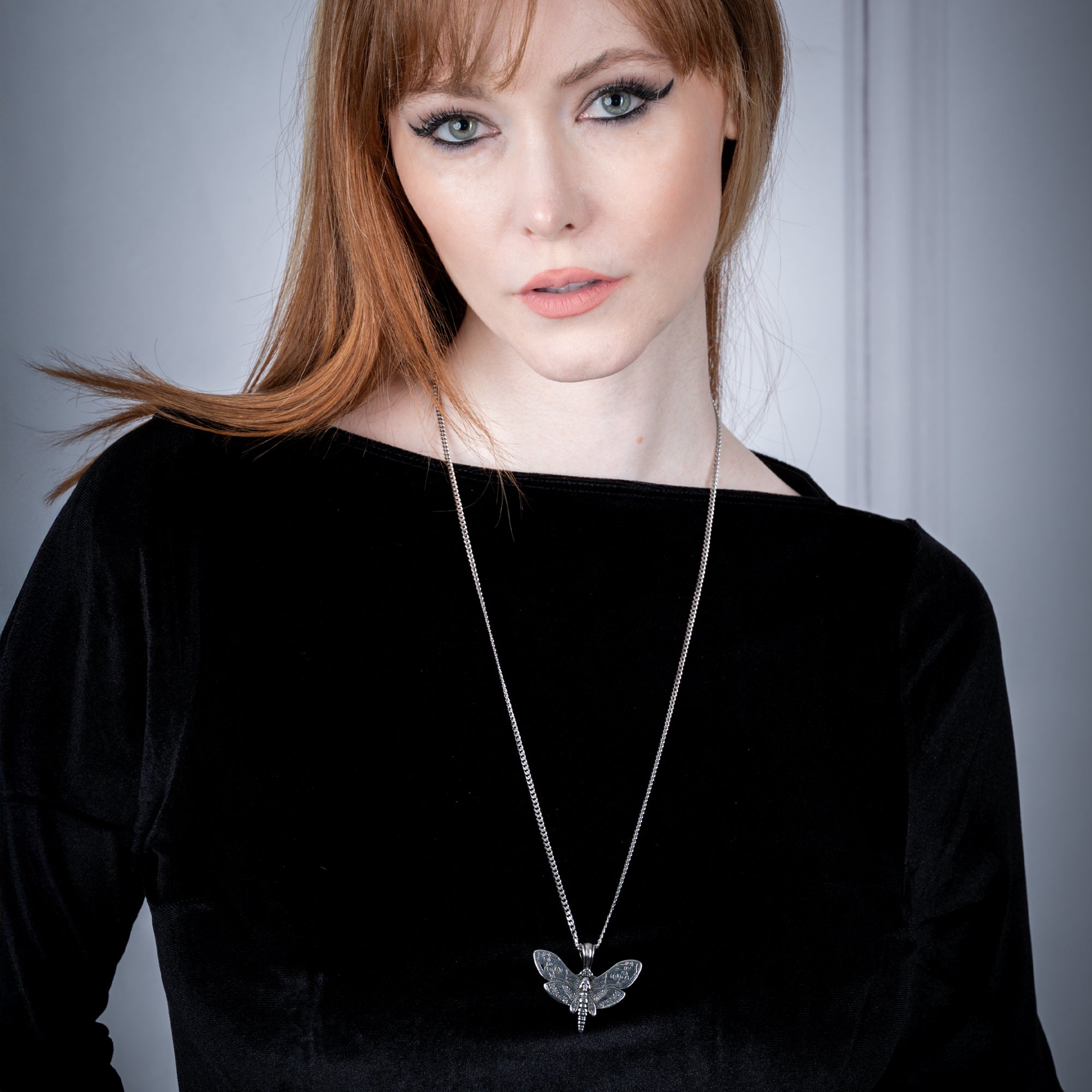 Death's head moth Gothic pendant on dainty cuban link chain necklace in silver