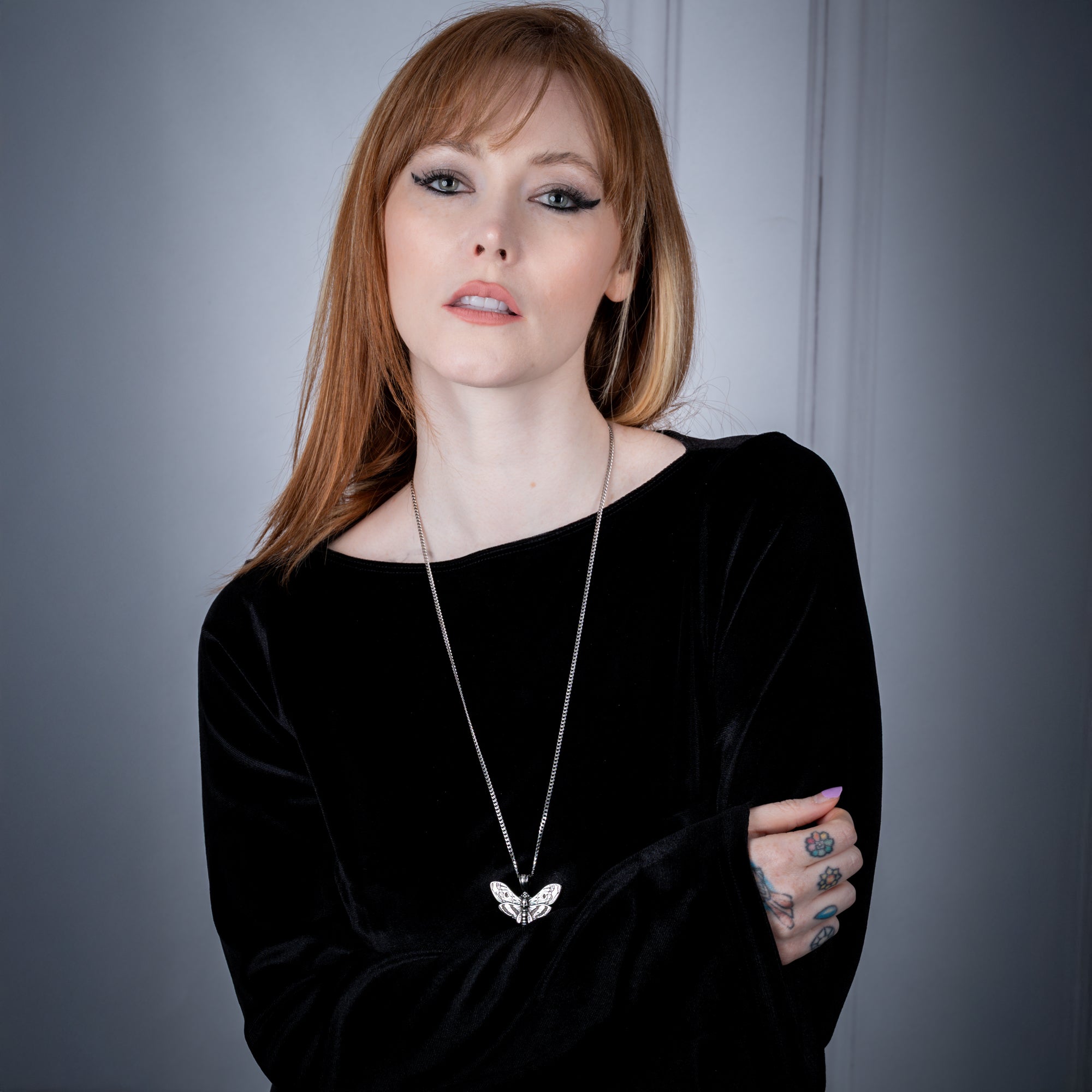Death's head moth Gothic pendant on dainty cuban link chain necklace in silver