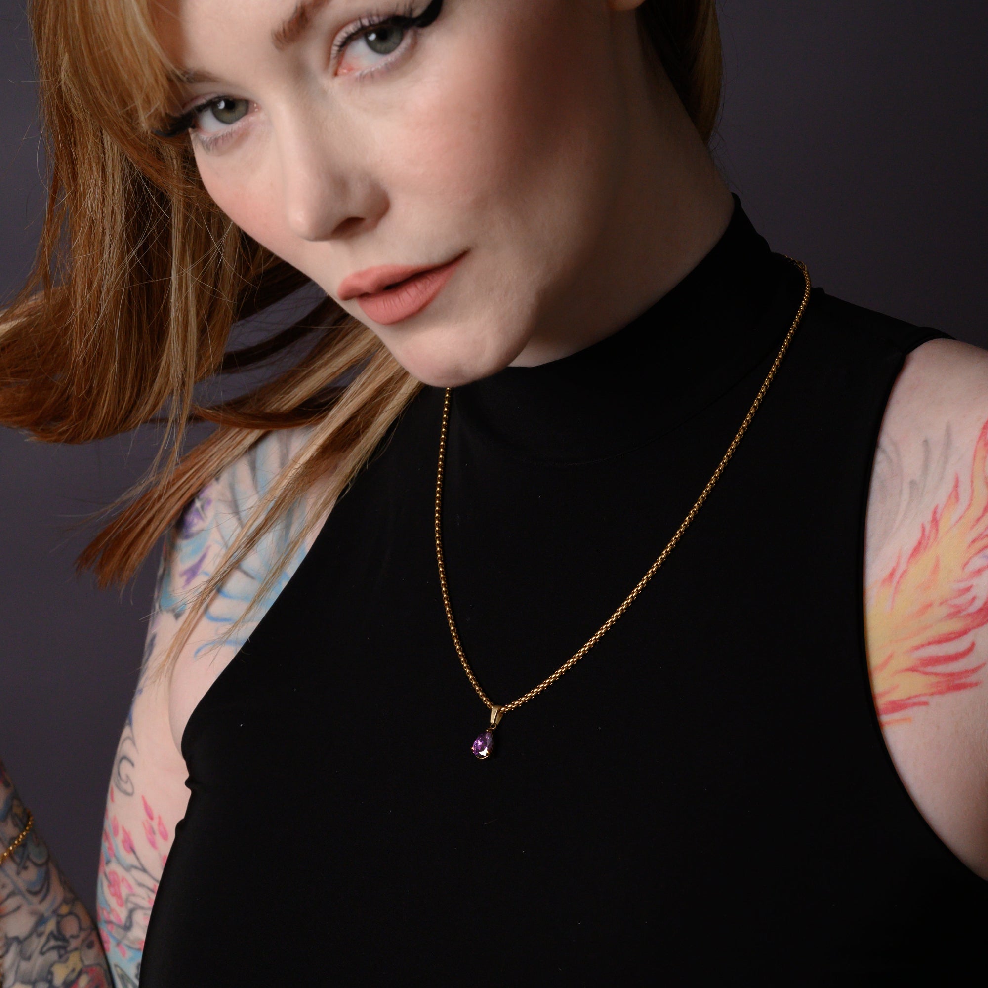 February Amethyst Birthstone pendant necklace in Gold on a dainty chain