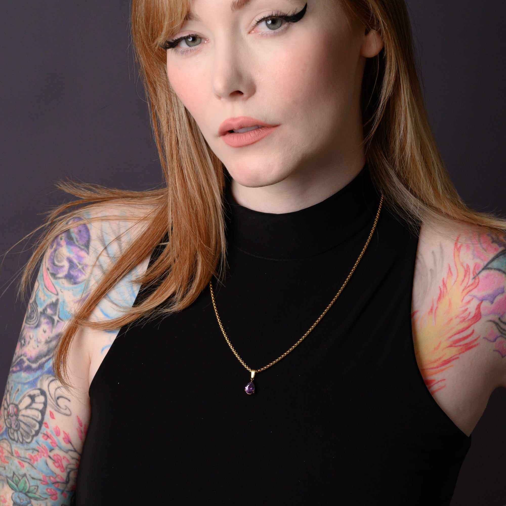 February Amethyst Birthstone pendant necklace in Gold on a dainty chain