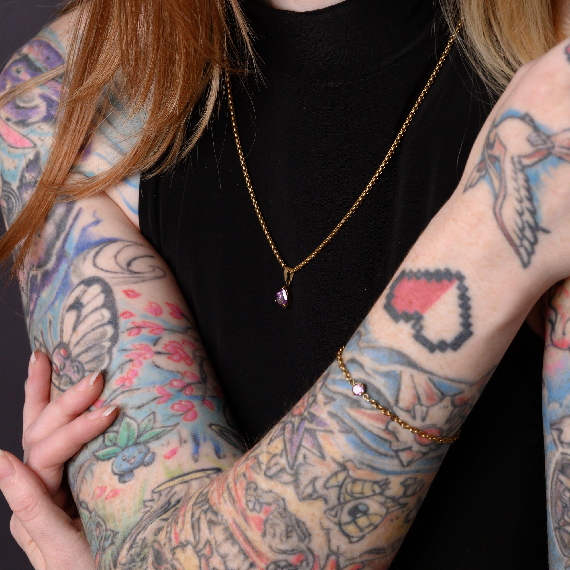 February Amethyst Birthstone pendant necklace in Gold on a dainty chain