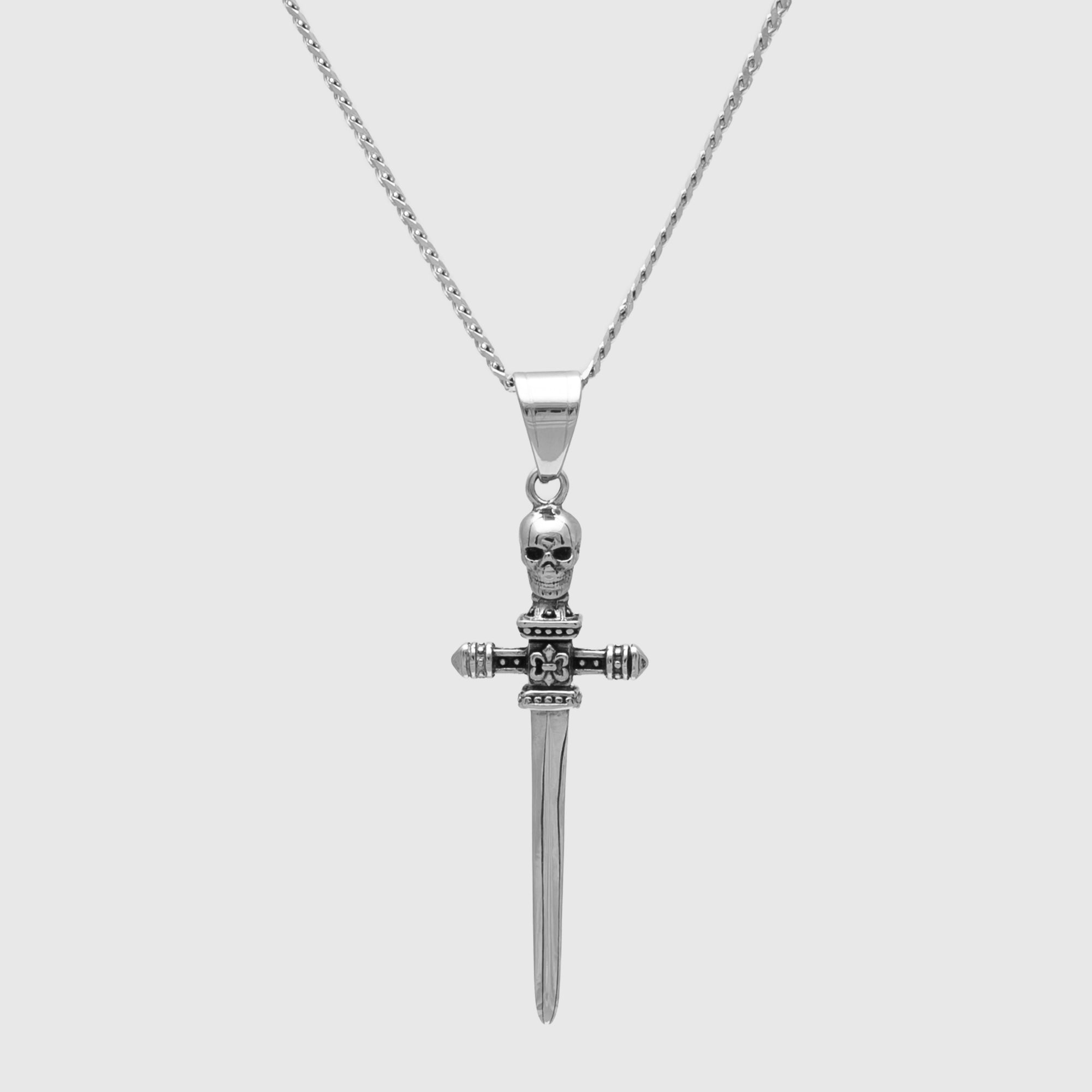 Sword pendant featuring a skull and fleur de lis symbol on the handle on a dainty 3mm cuban link chain necklace