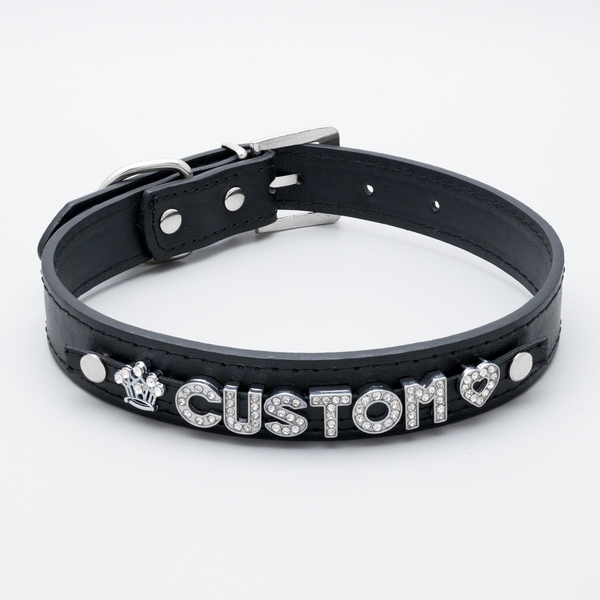 black custom name and initial collar with rhinestone letter charms