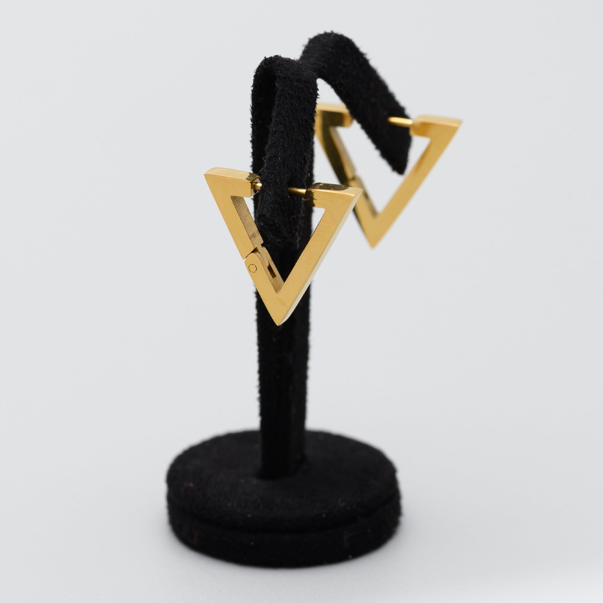 Gold triangle earrings, hinged huggie hoops