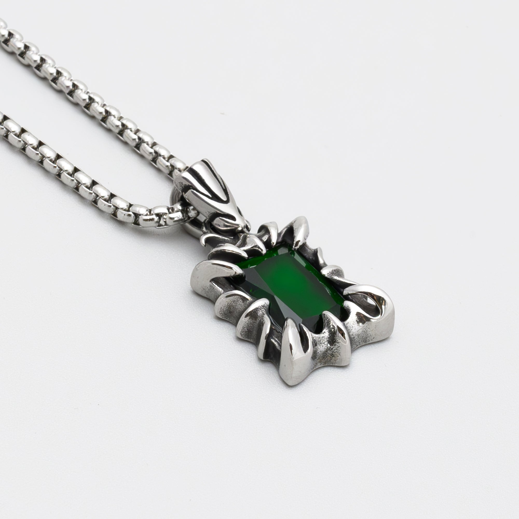 Large emerald green claw pendant on chunky silver box chain necklace, non tarnish jewellery