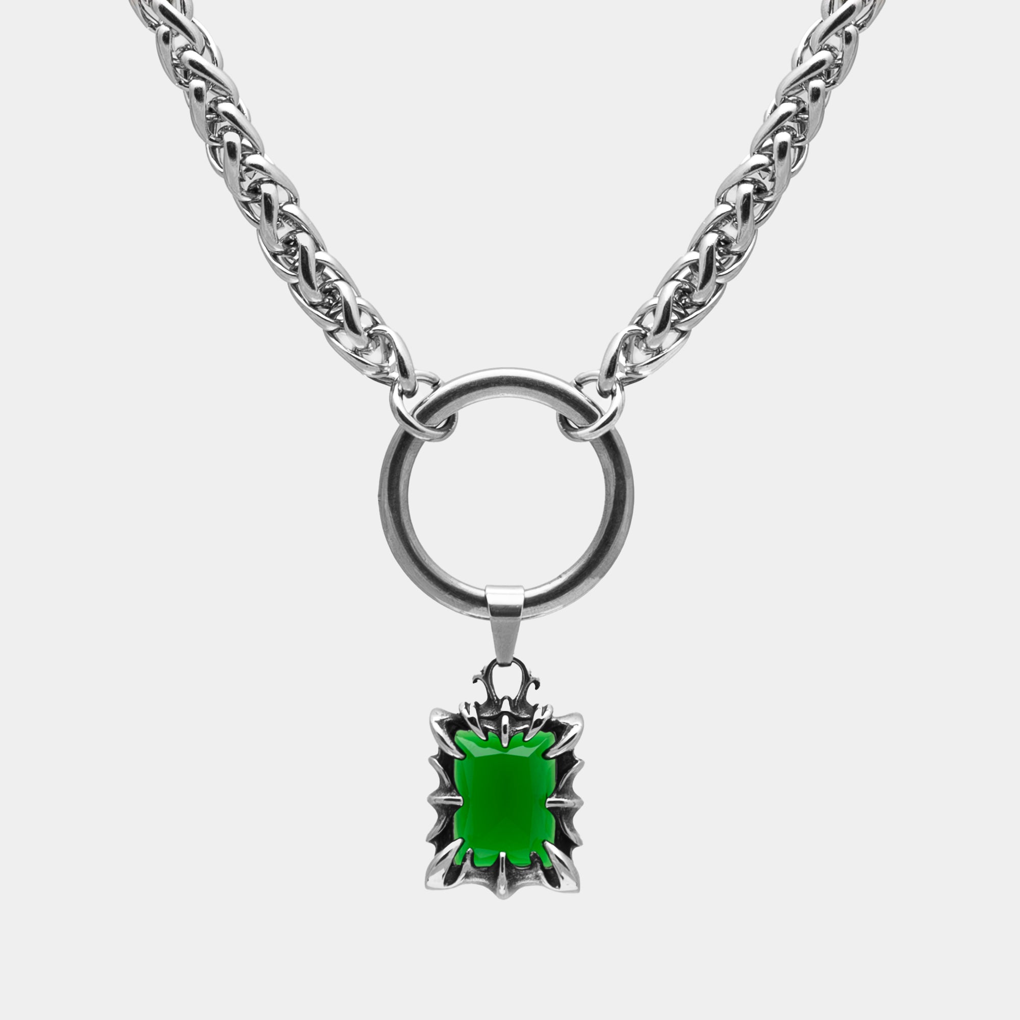 Emerald green stoned claw o ring choker necklace in silver, non tarnish jewellery