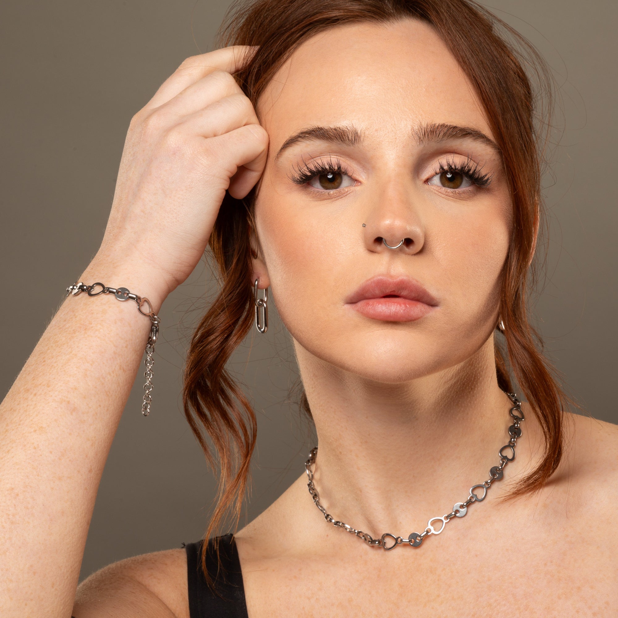 heart link choker and bracelet in silver
