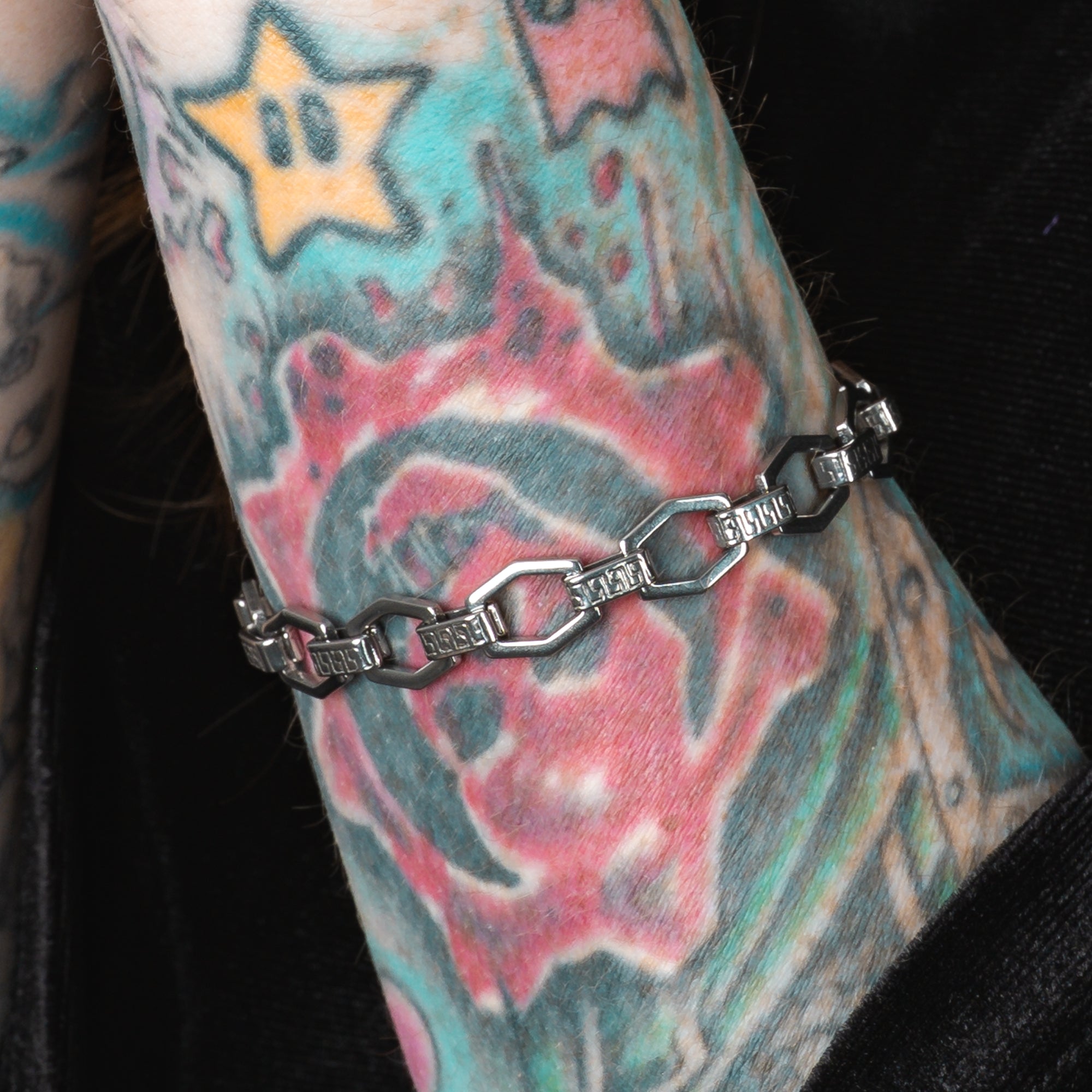 Silver stainless steel Hex link chain bracelet, non tarnish gothic jewellery