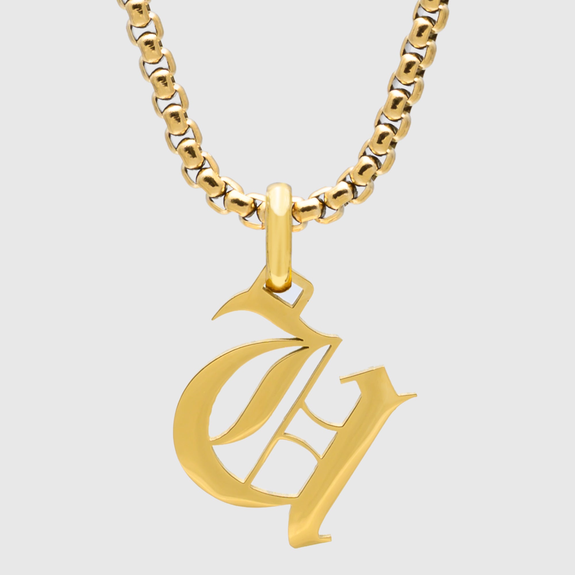 Large Gold Gothic style Initial letter U necklace in old english font