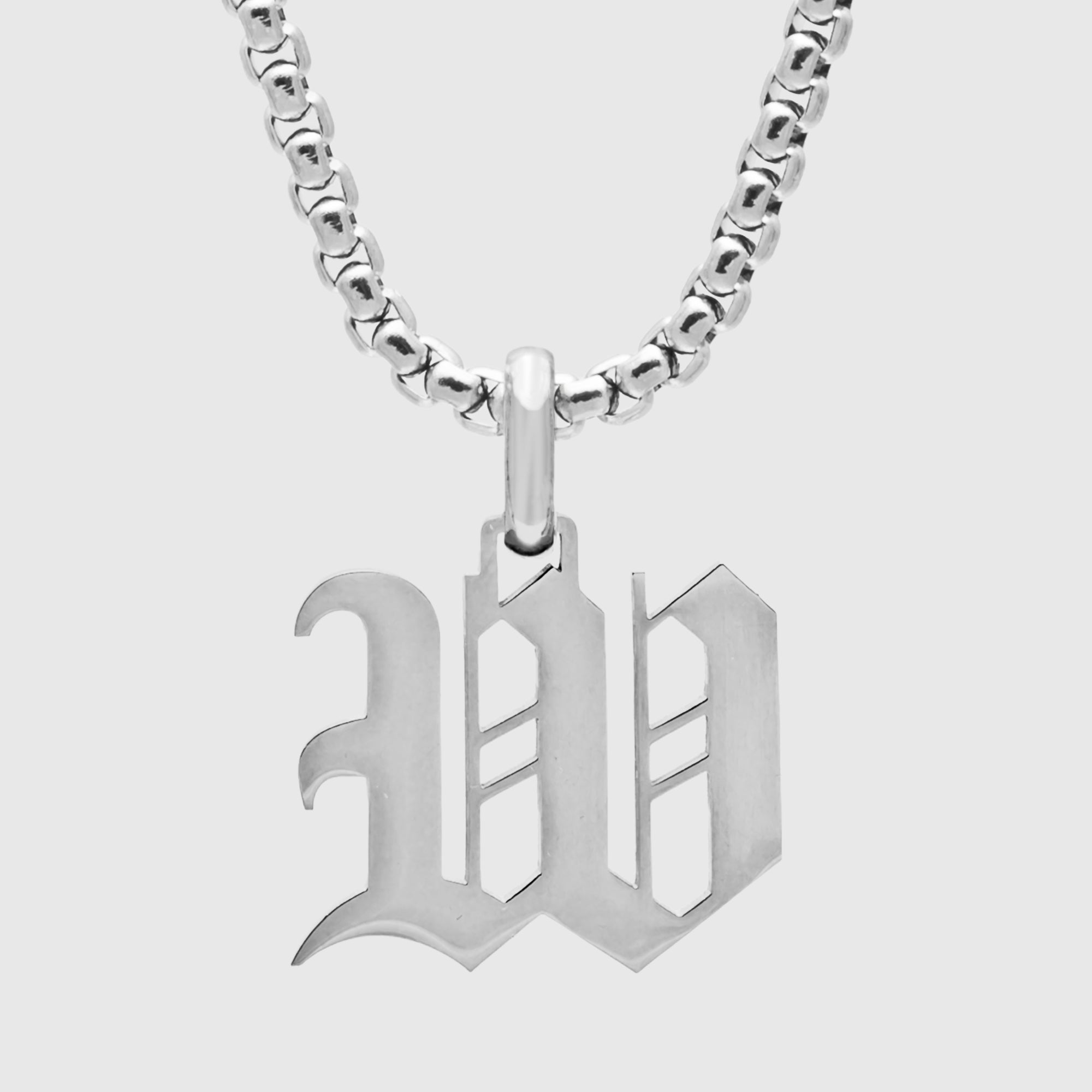 Silver Gothic style Initial letter W necklace in old english font