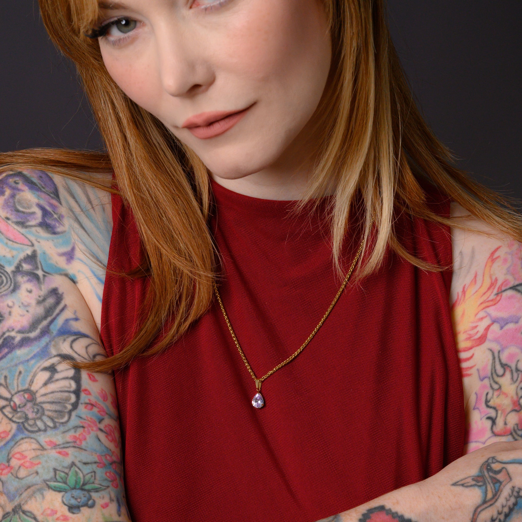 June Alexandrite birthstone necklace in Gold on a dainty foxtail necklace