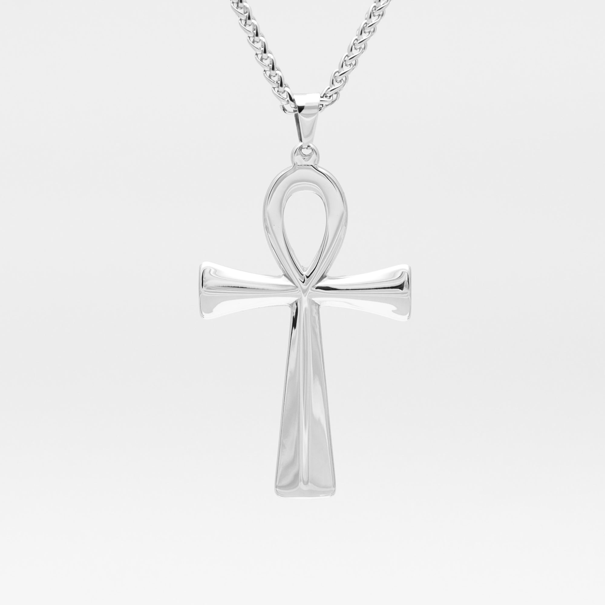 Large silver Ankh cross pendant on foxtail chain