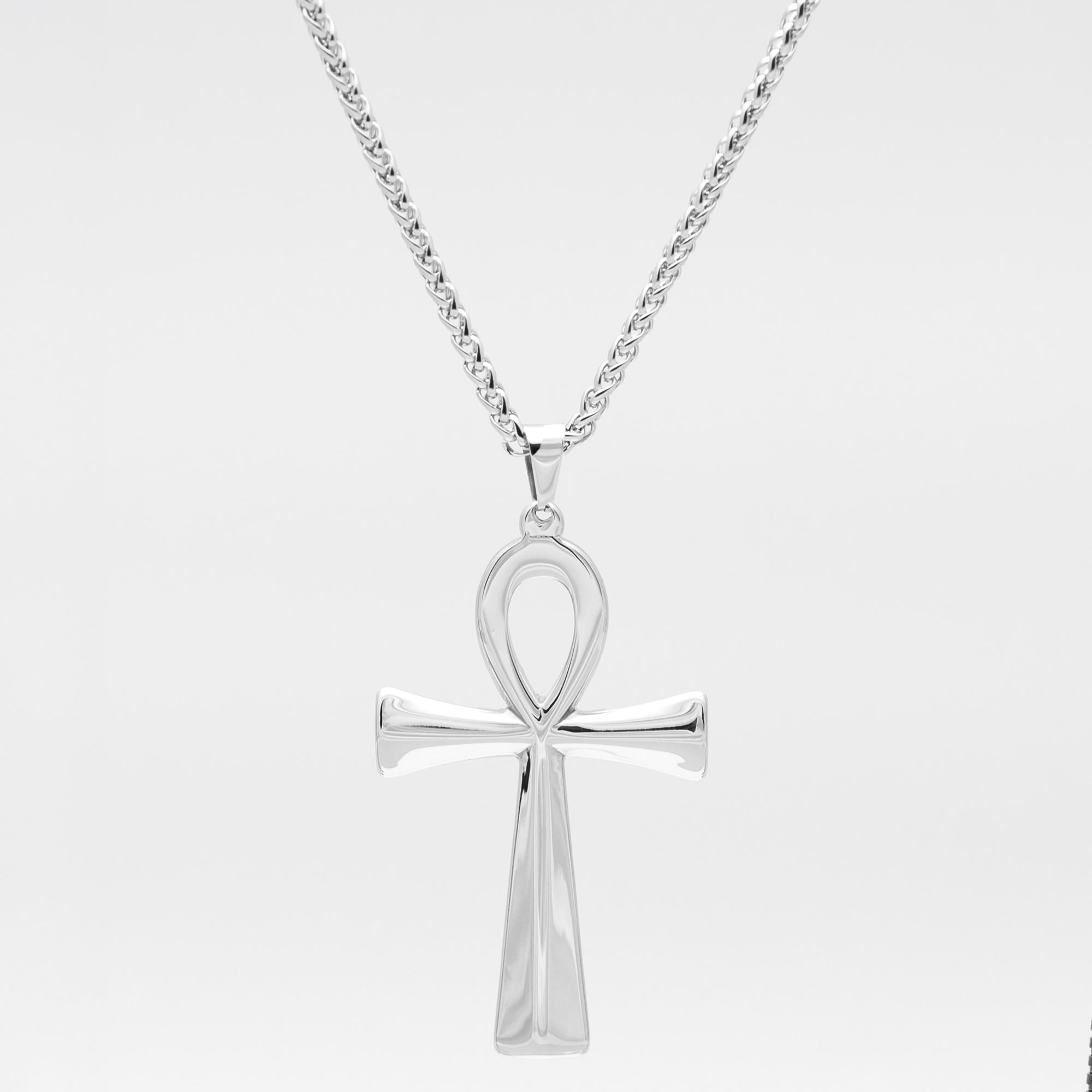 Large silver Ankh cross pendant on foxtail chain