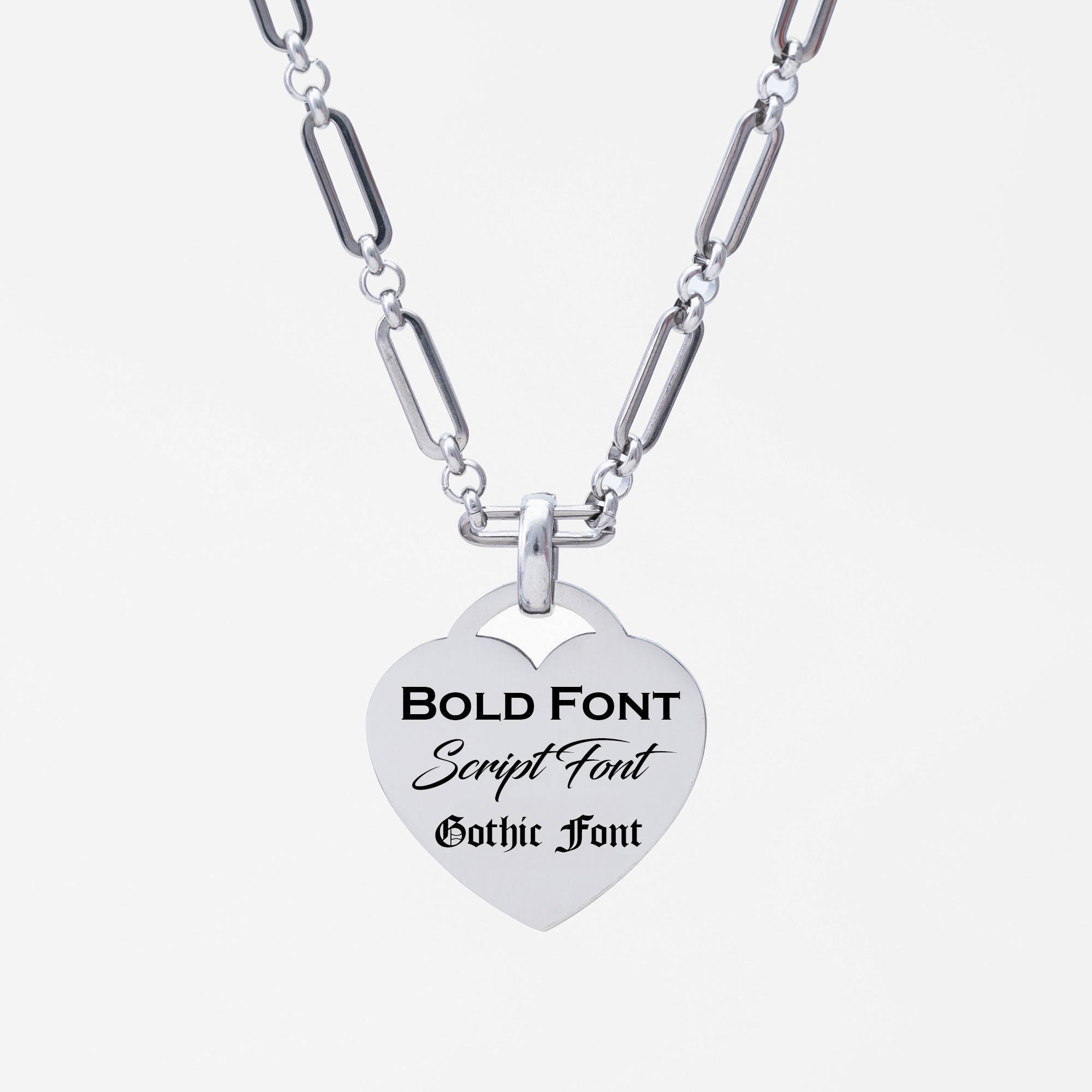 Chunky personalised engraved heart token pendant necklace in silver stainless steel