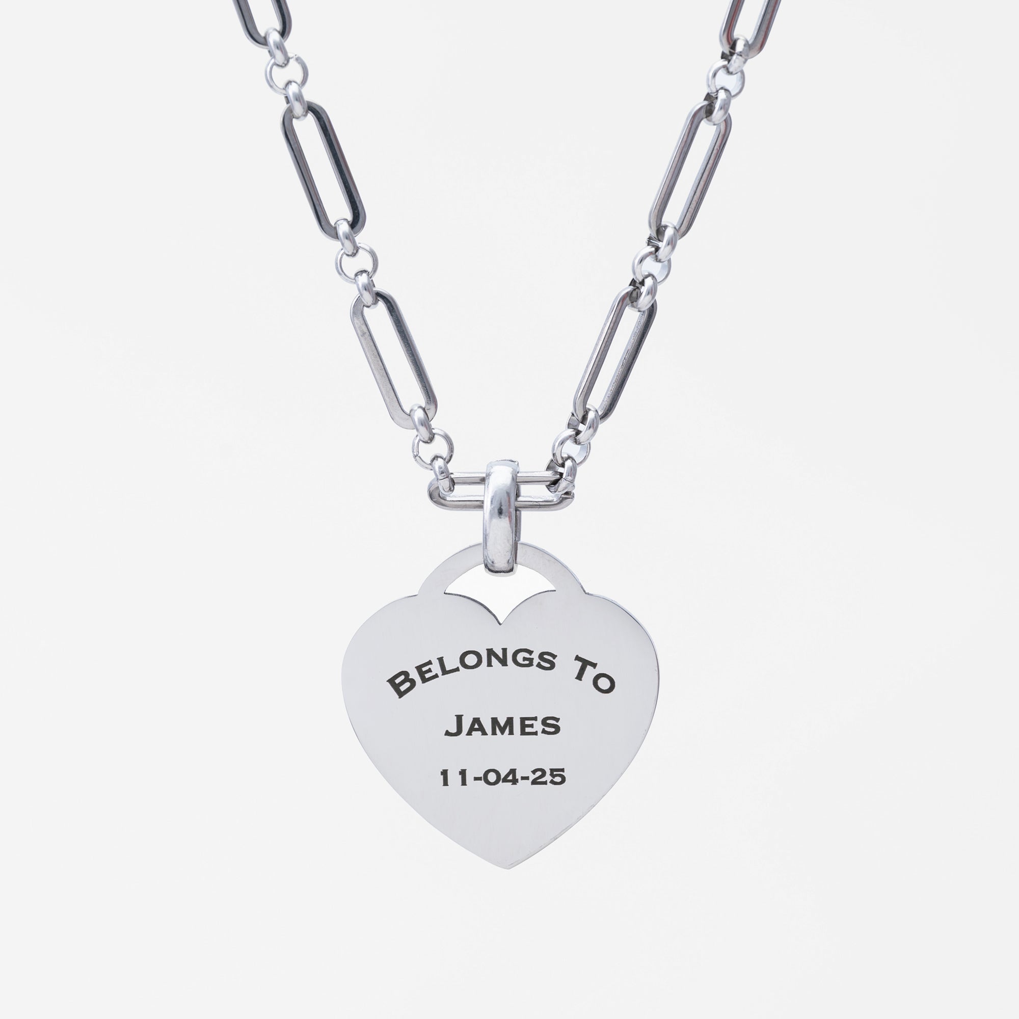 Chunky personalised engraved heart token pendant necklace in silver stainless steel