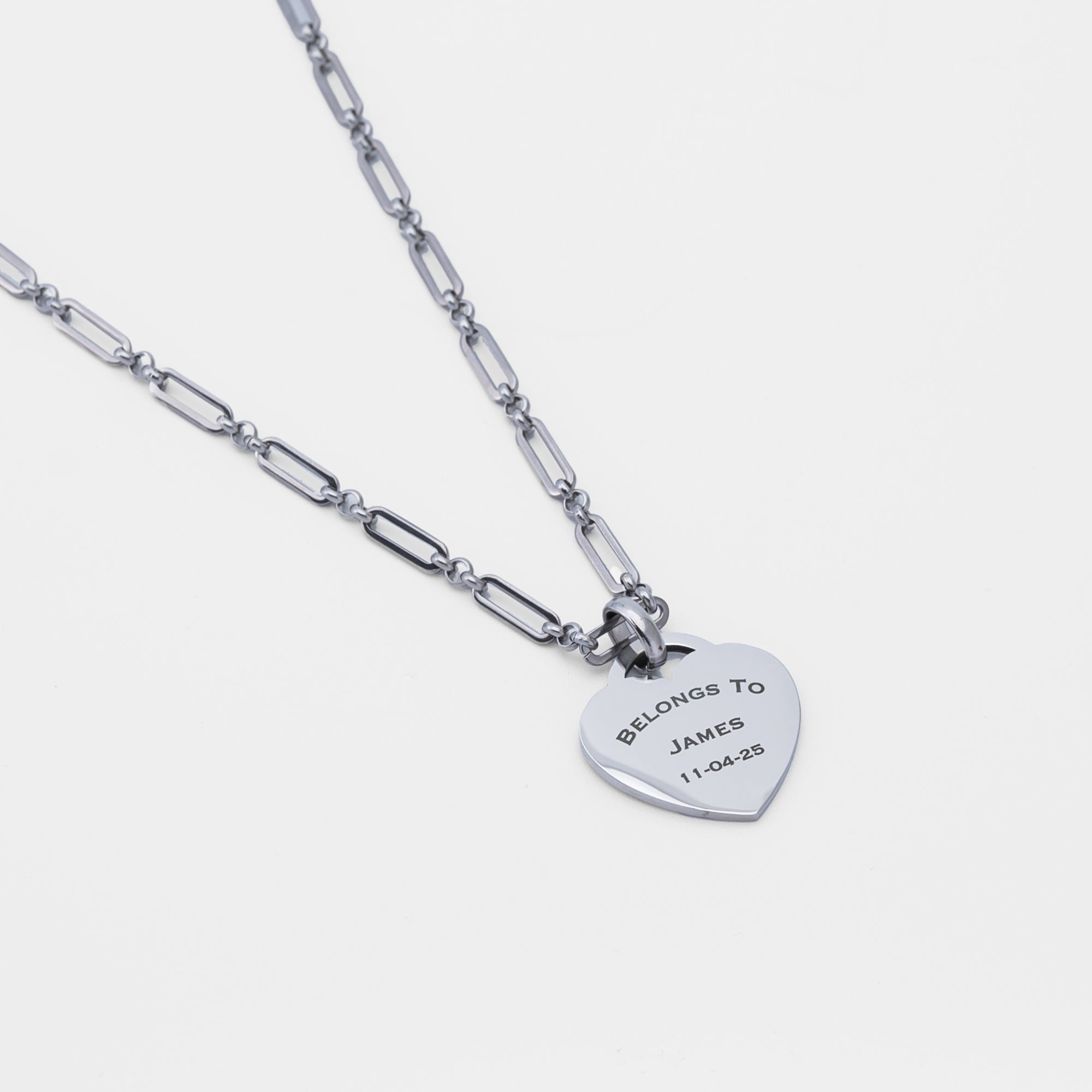 Chunky personalised engraved heart token pendant necklace in silver stainless steel