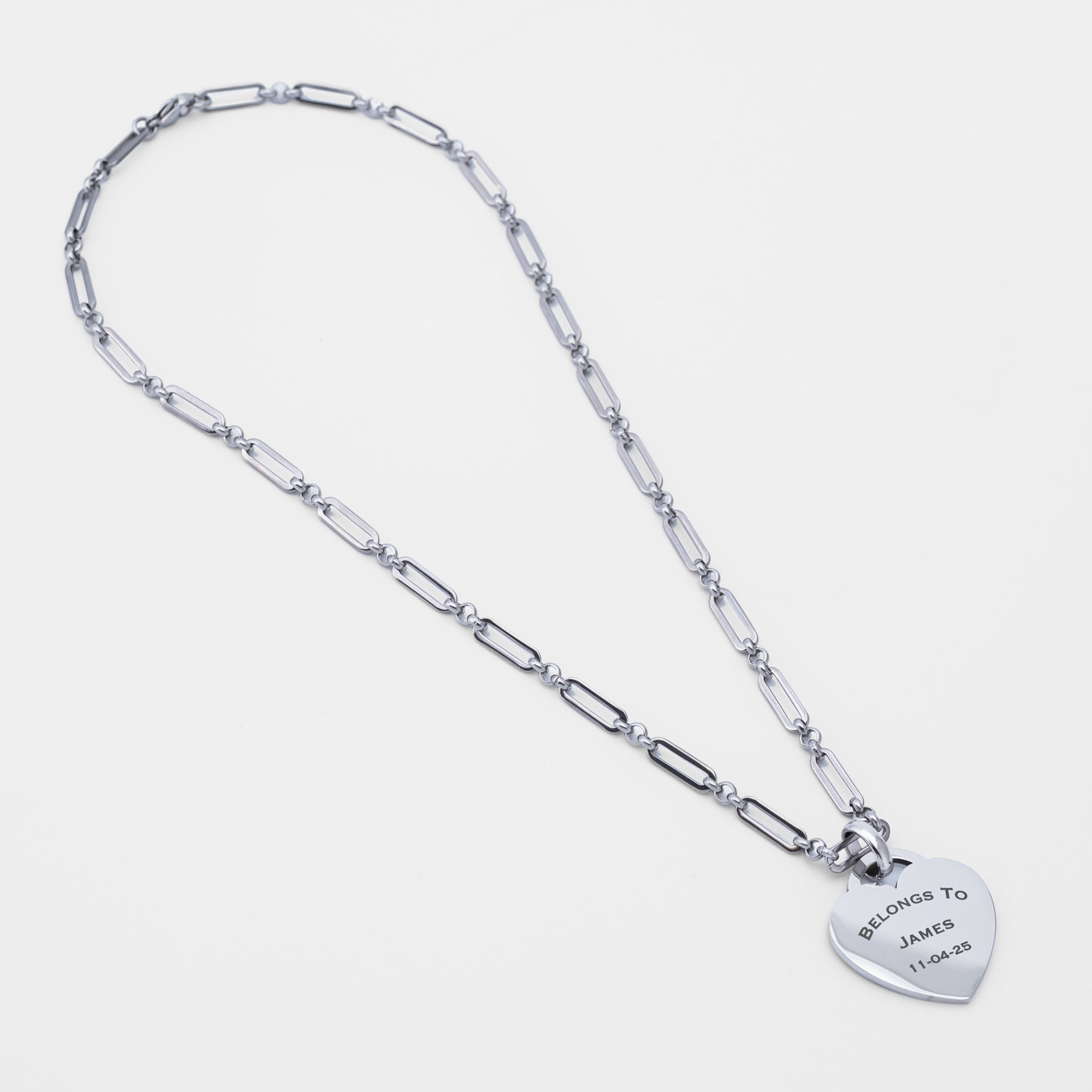 Chunky personalised engraved heart token pendant necklace in silver stainless steel