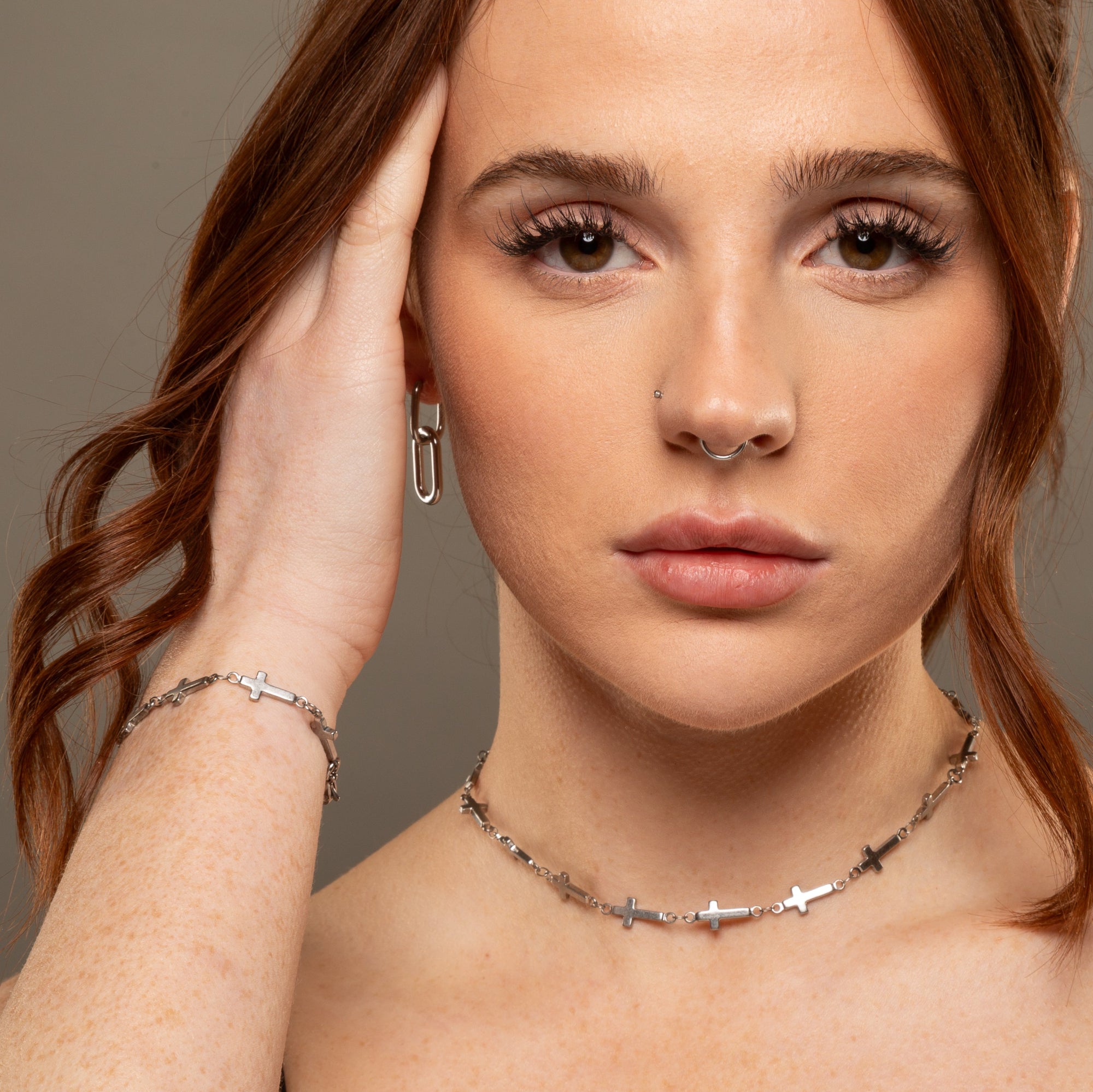 large cross link bracelet and choker in silver