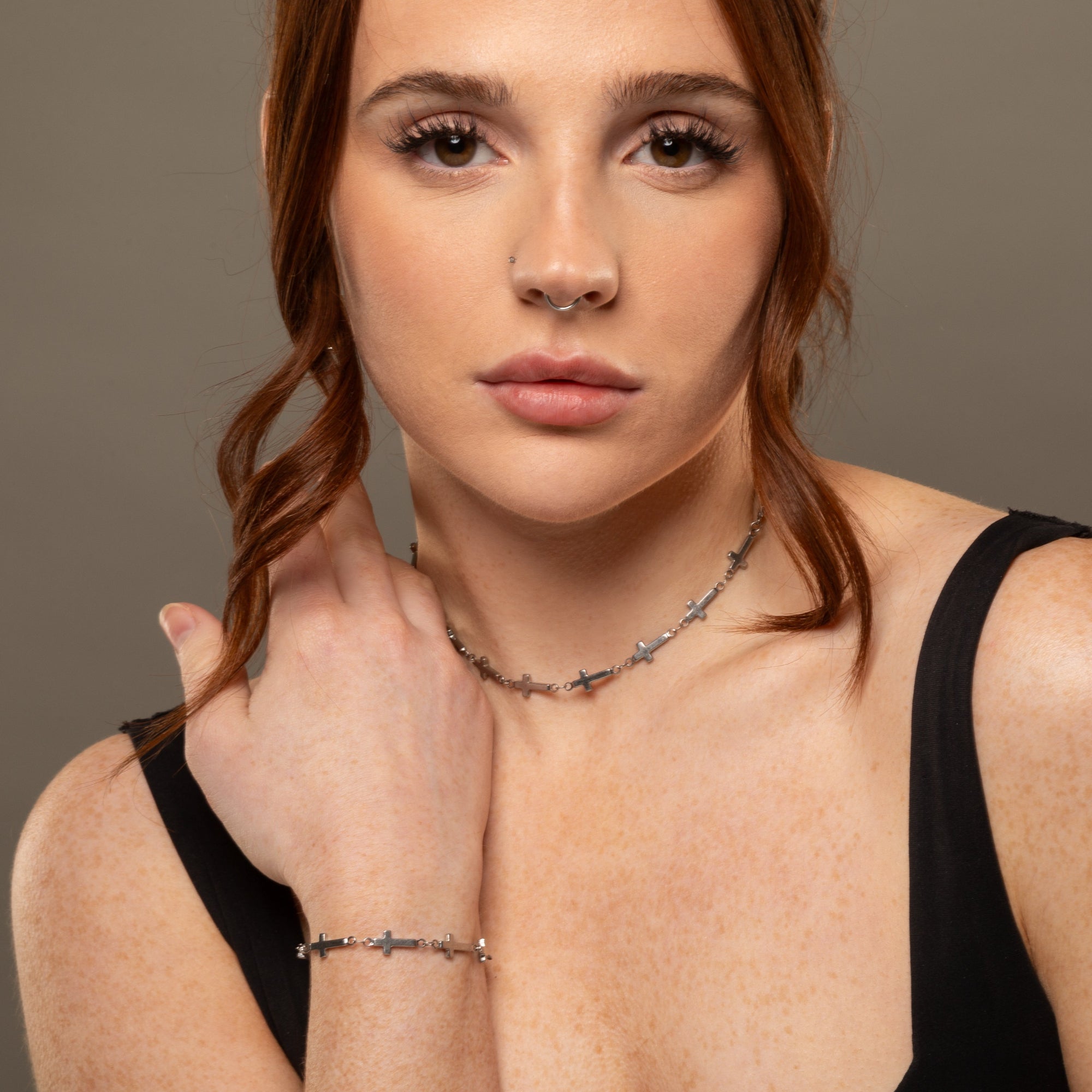 large cross link bracelet and choker in silver