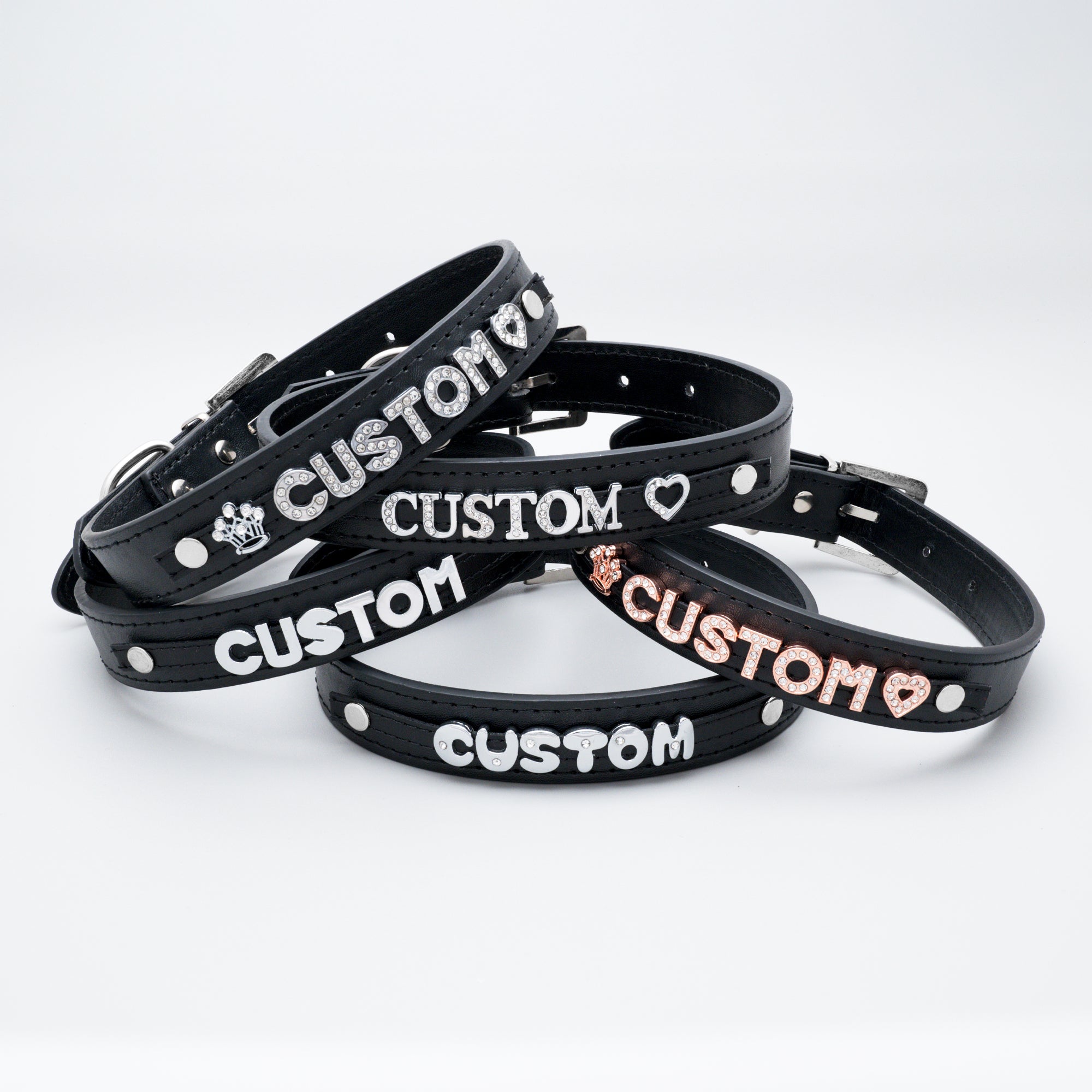mixed custom name and text collars in black