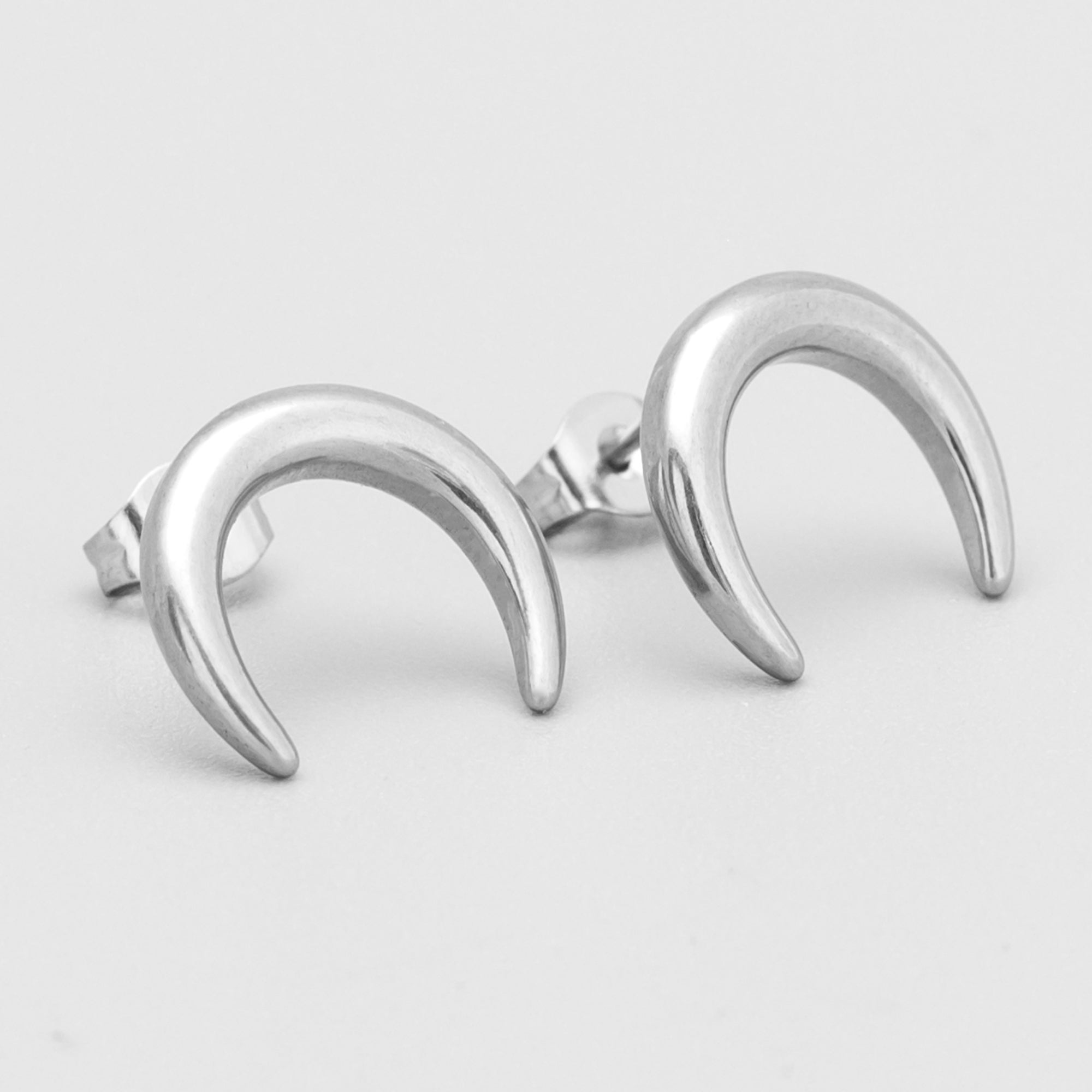 Gothic Crescent Moon Stud Earrings in silver