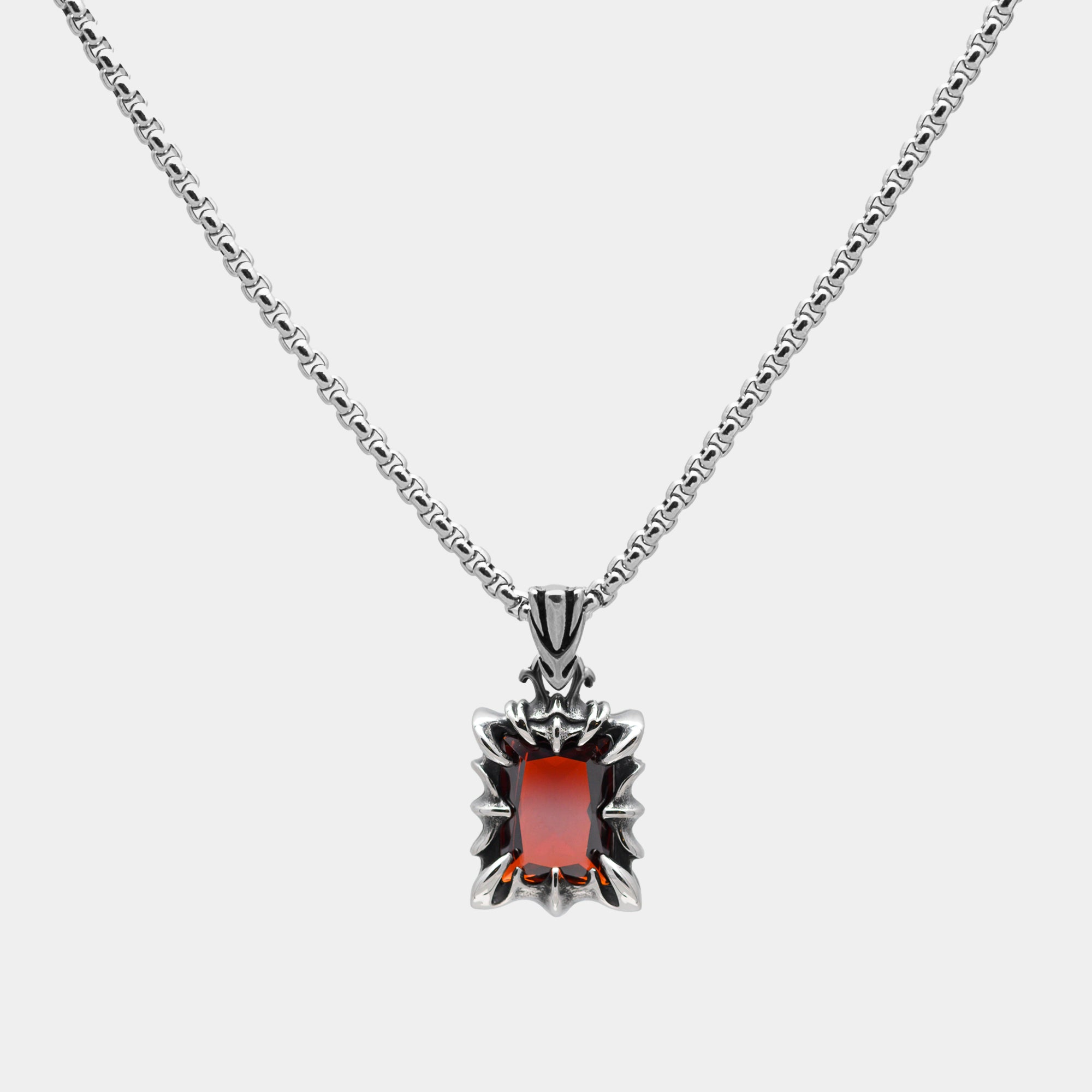 Large red stoned gothic pendant necklace in silver