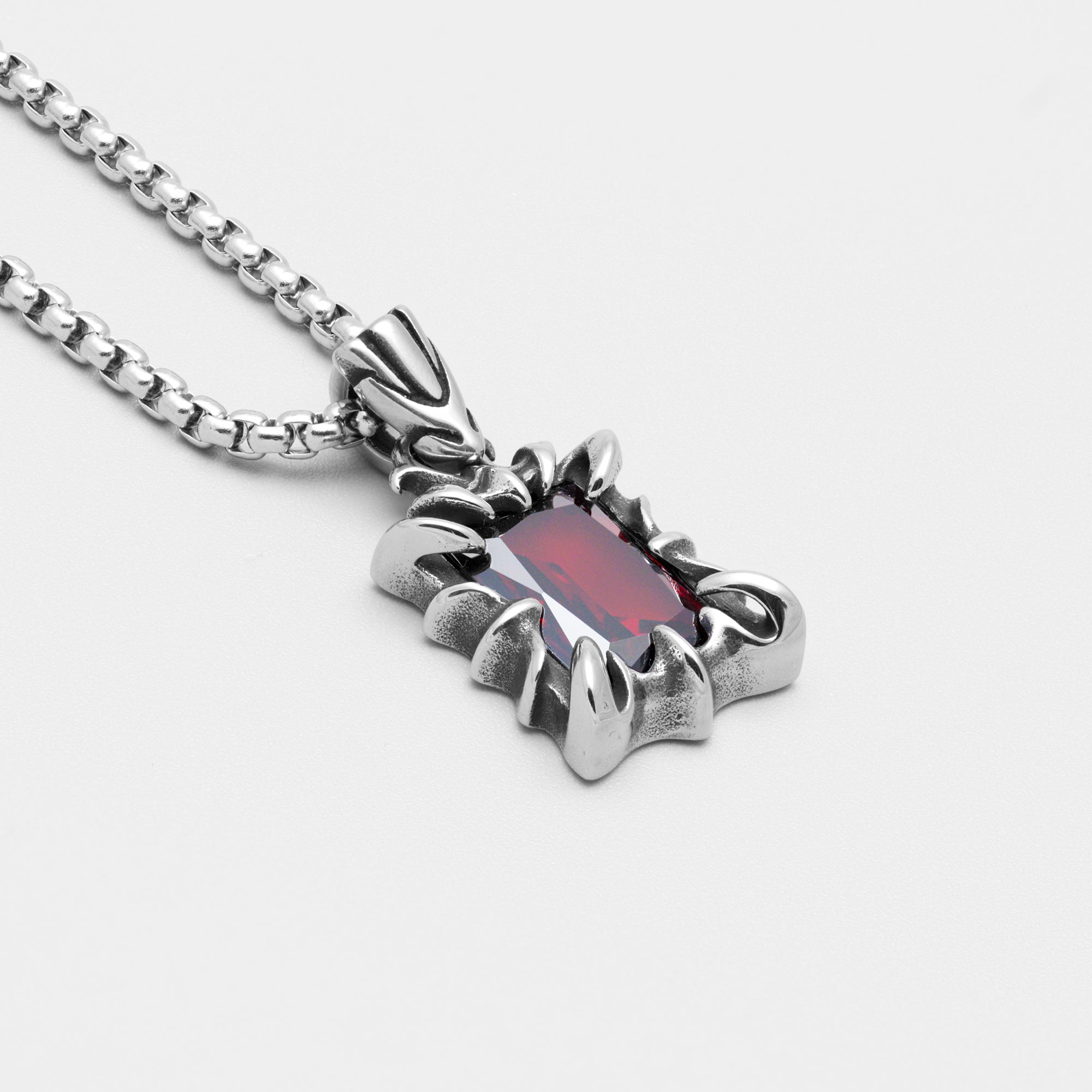 Large ruby red stone pendant necklace in silver
