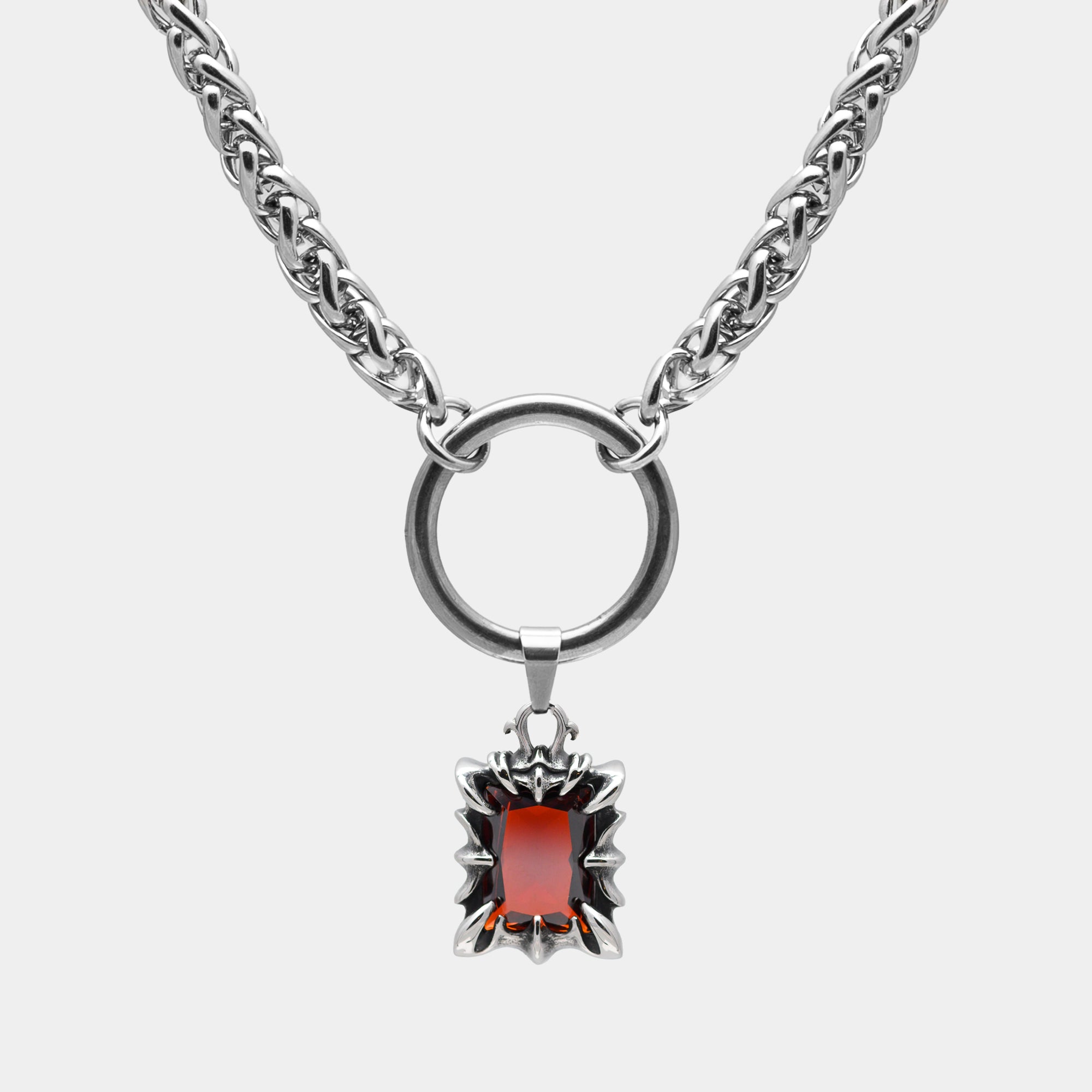 Large red ruby O ring pendant choker necklace in silver