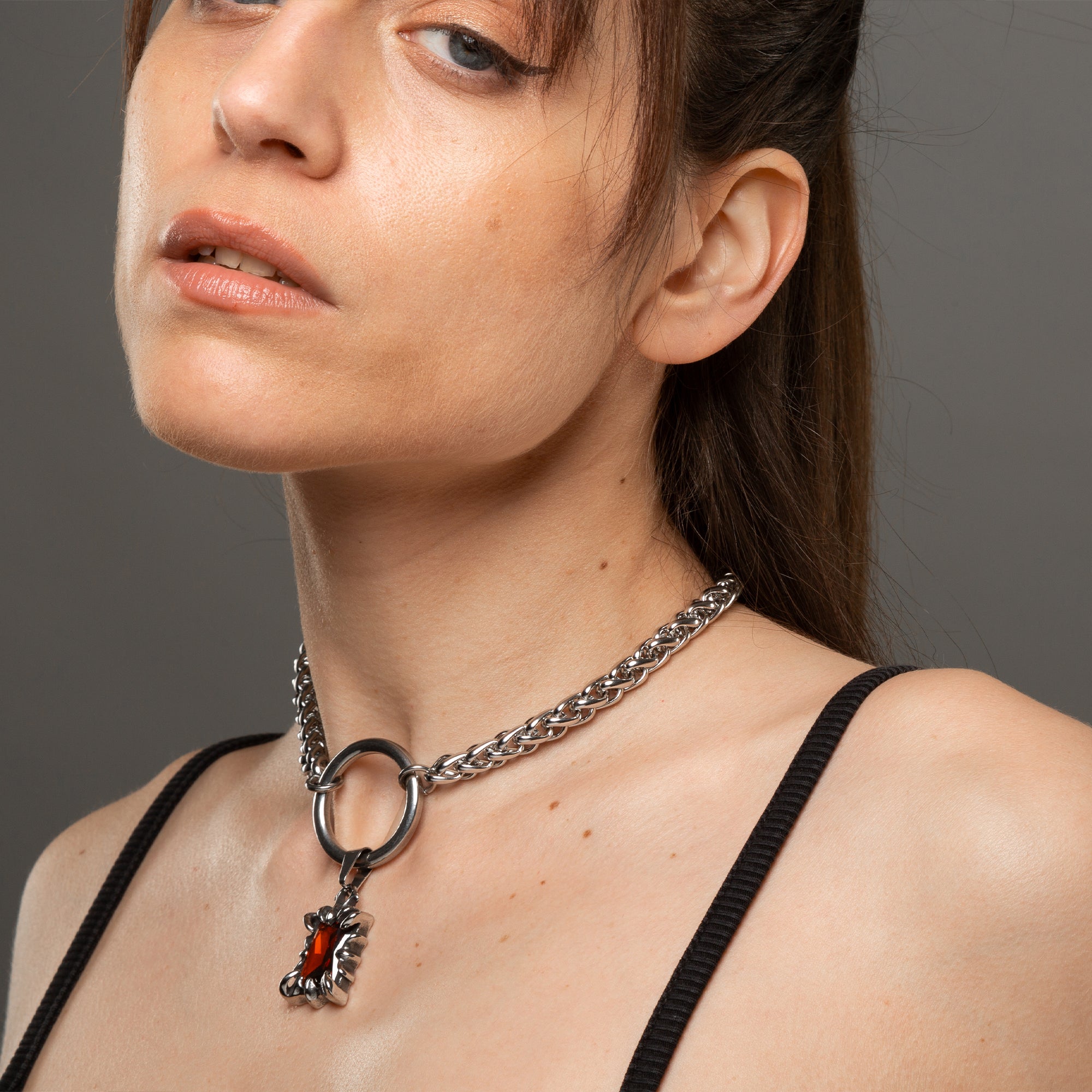 Large red ruby O ring pendant choker necklace in silver