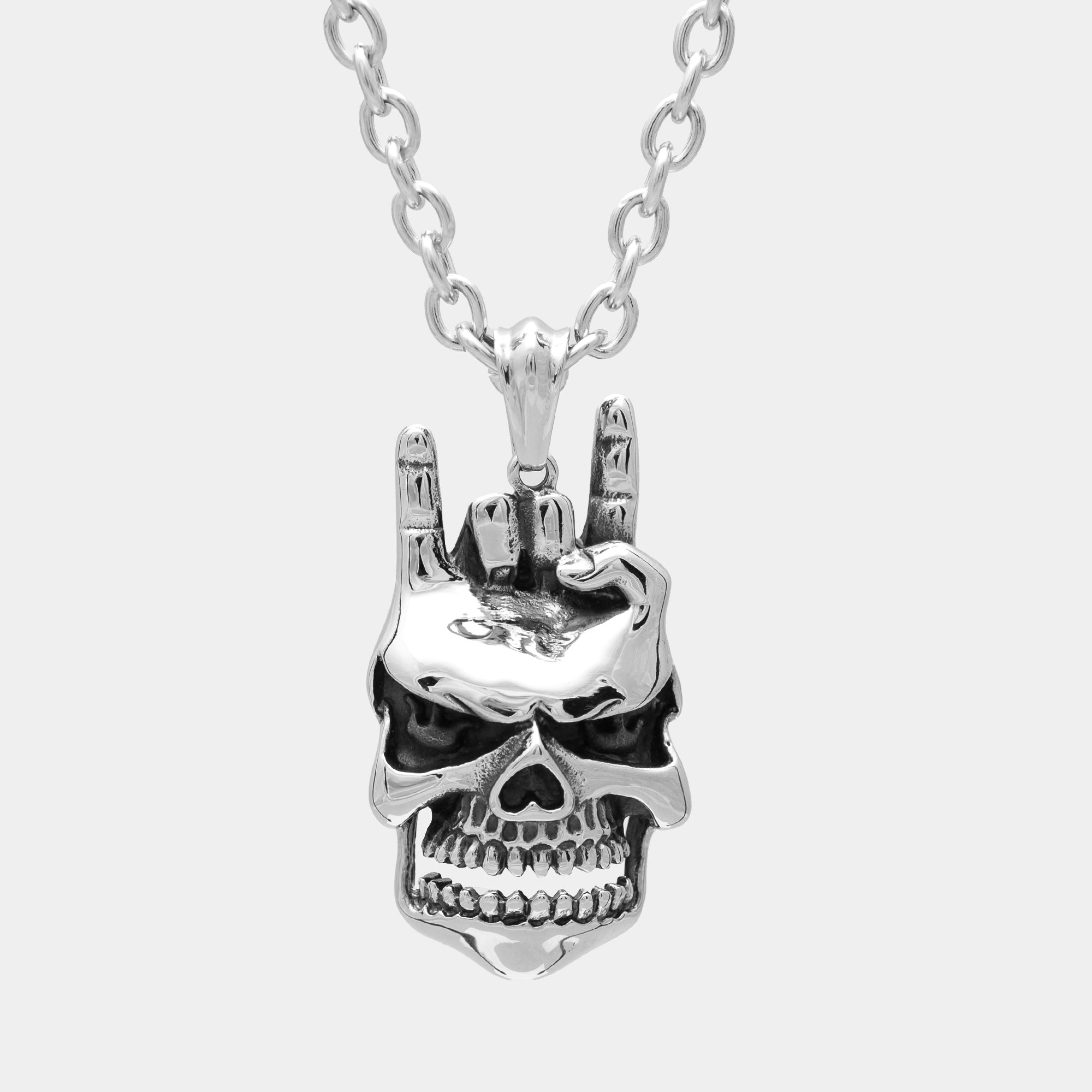 silver Gothic skull pendant featuring devil horns