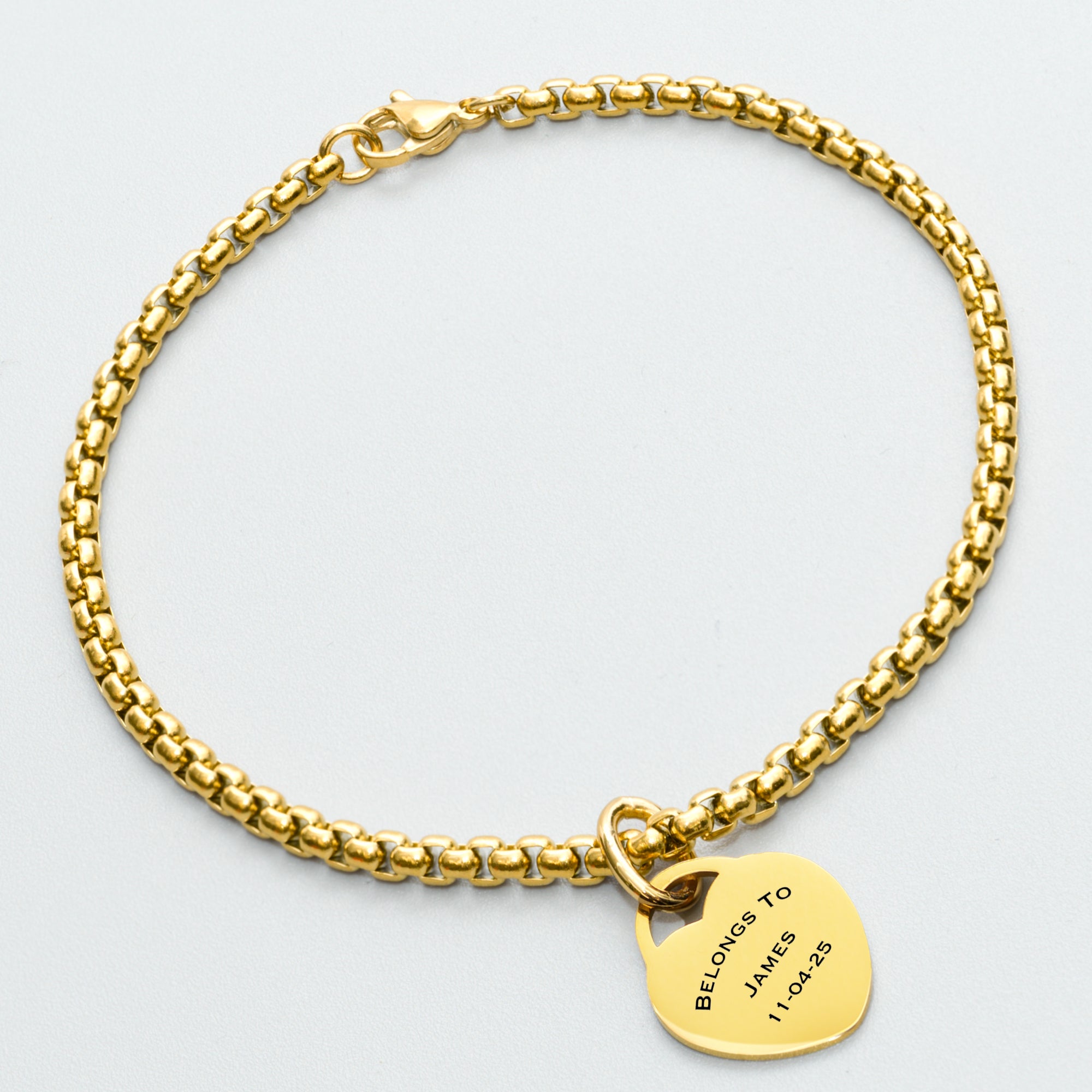 engraved heart charm box chain bracelet in Gold finish