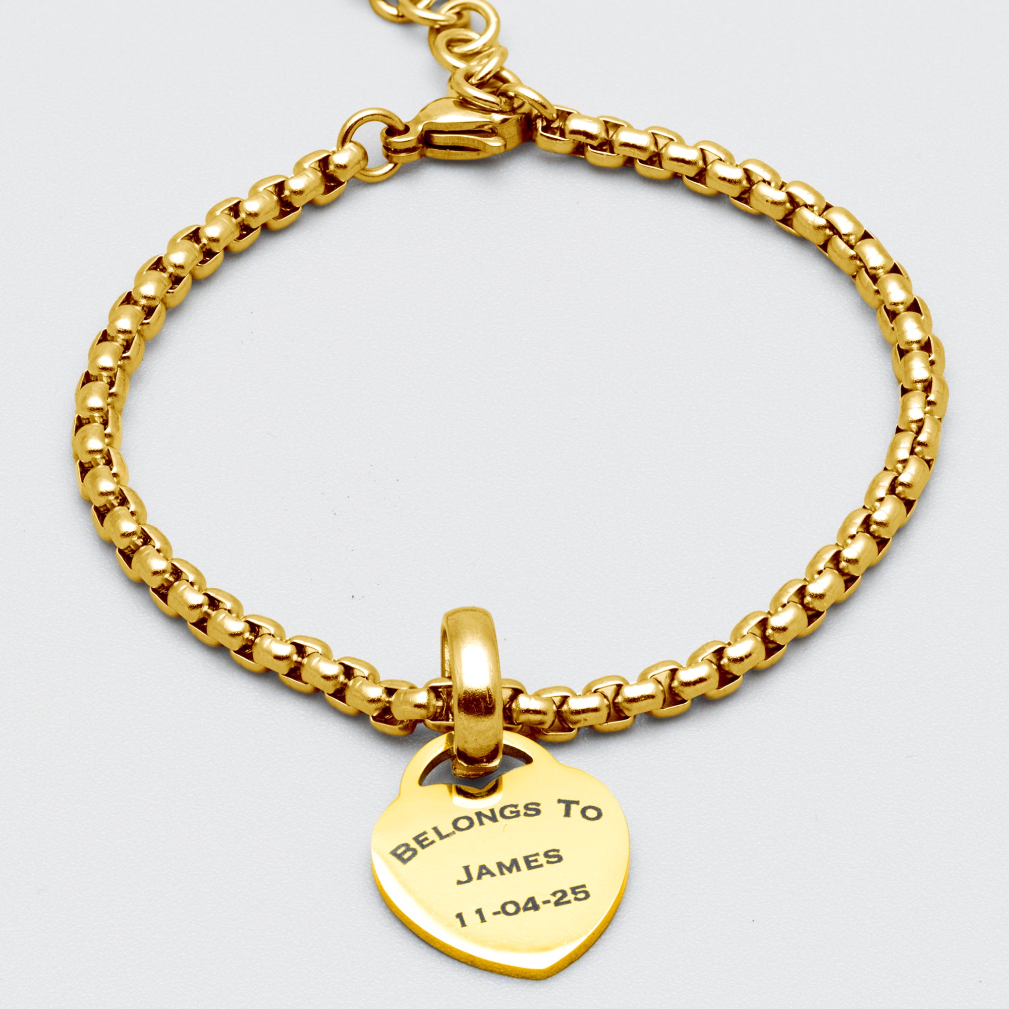 engraved heart charm box chain bracelet in Gold finish