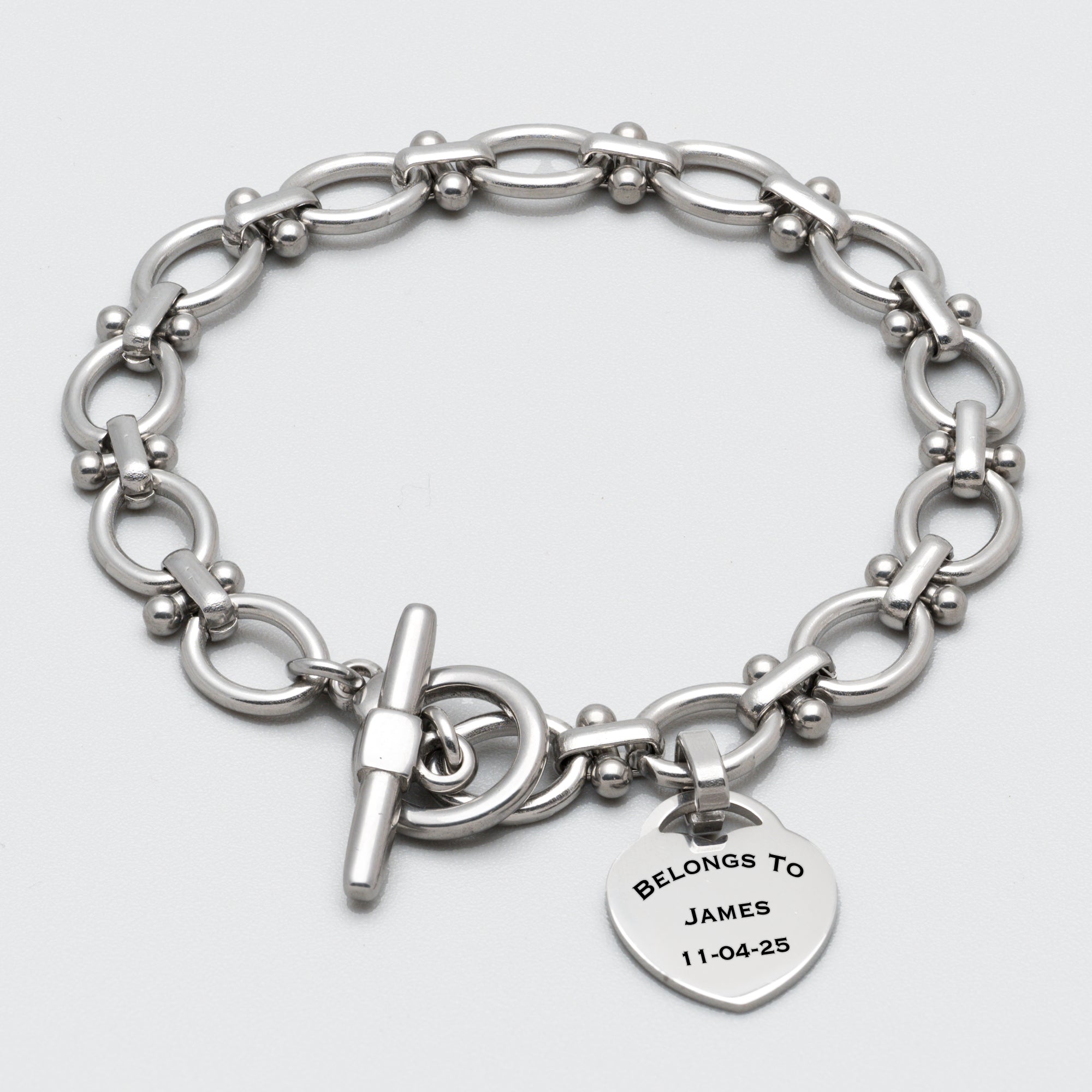 Chunky personalised heart bracelet in silver stainless steel